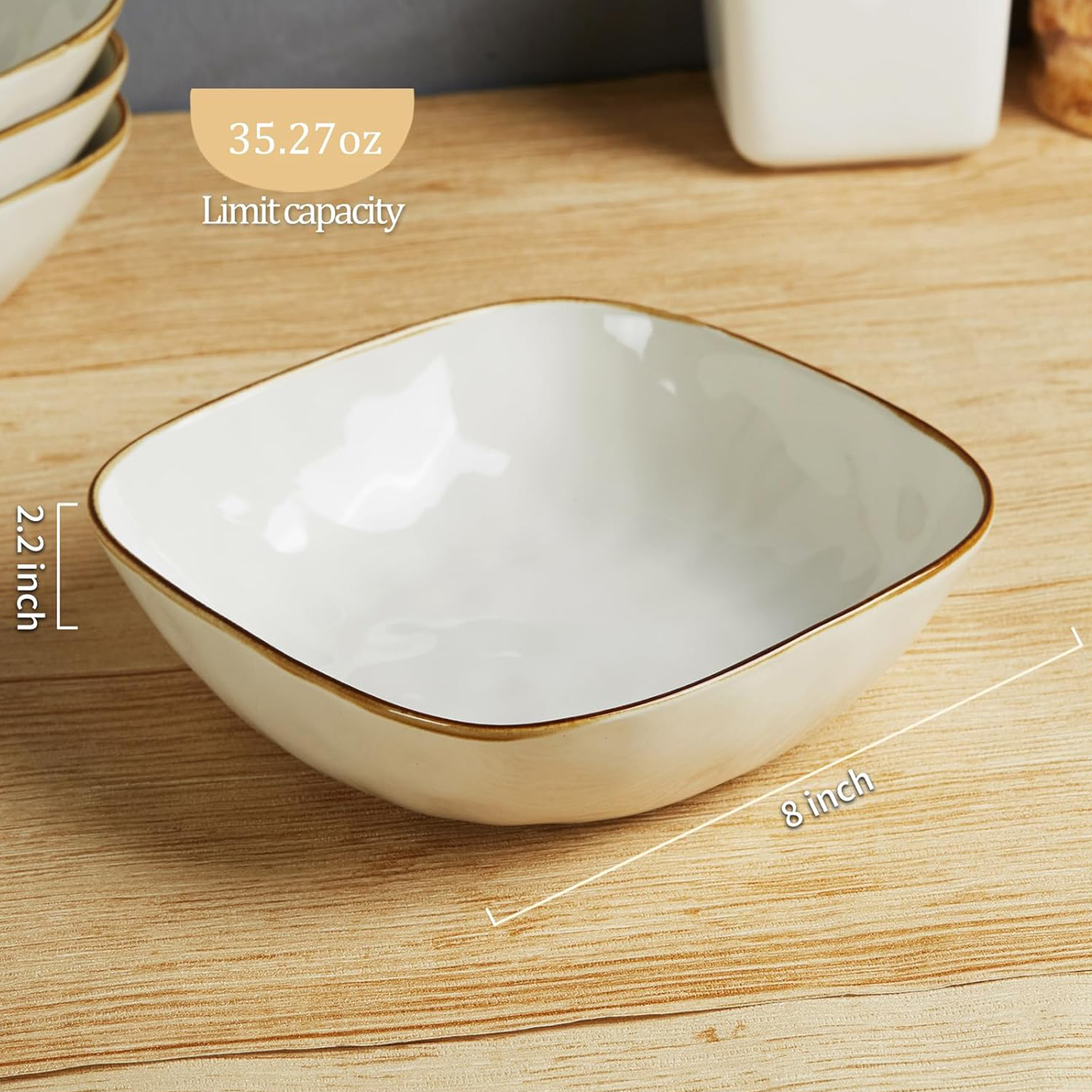 famiware Large Pasta Bowls Set of 4, Ocean Square 8" Bowls, Pasta Serving Bowl Large Dinner Bowls, Kitchen Bowl Set, Microwave and Dishwasher Safe, Scratch Resistant, Vanilla White