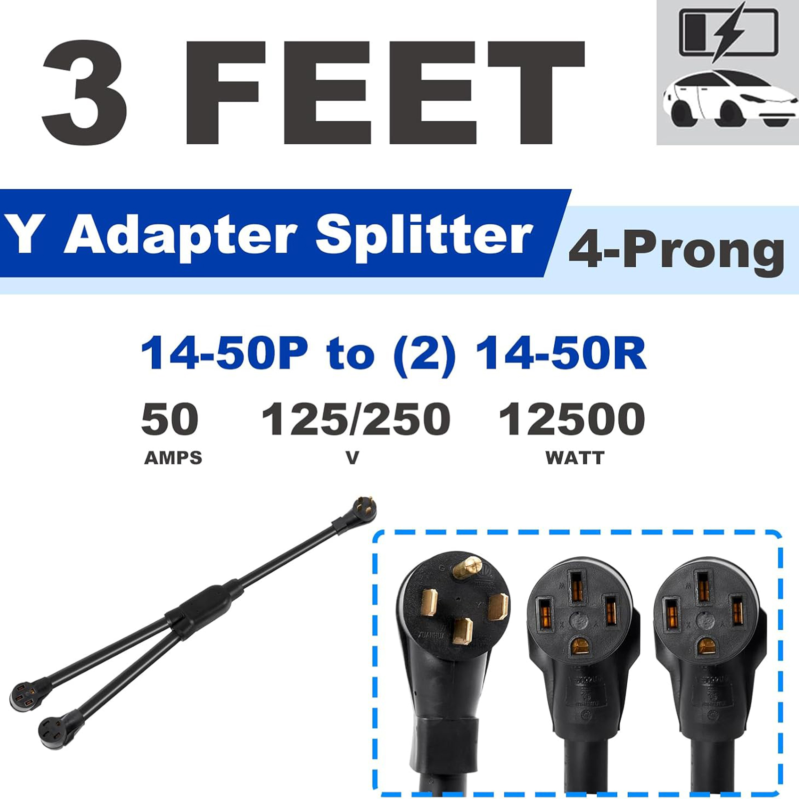 14-50 Y Splitter Adapter Power Cord 240V for RV and EV, NEMA 14-50P Male Plug to 14-50R, 6/3+8/1 STW AWG Gauge Plug Extension Cord Adapter 3 feet (4 Prong), RV EV Auto Tesla Model 3/S/X/Y