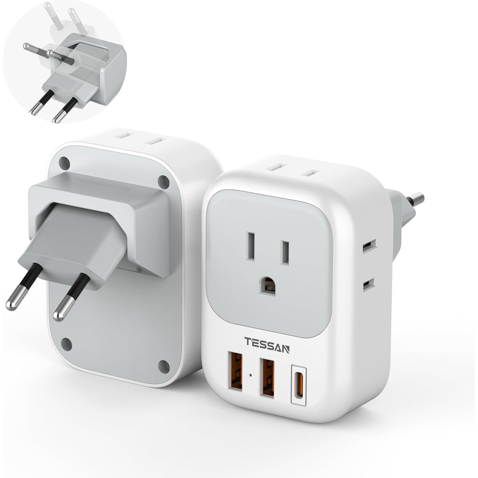 TESSAN European Travel Plug Adapter 2 Packs, Type C Europe Adaptor Foldable
