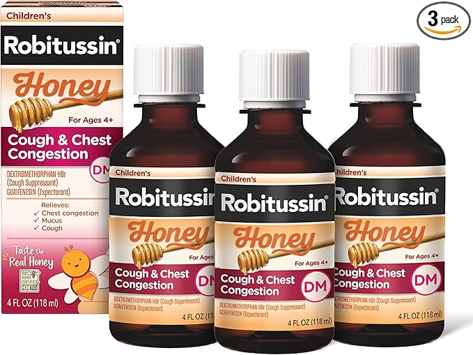 Children's Robitussin Honey Cough and Chest Congestion DM, Children's Cough Medicine Made with Real Honey for Flavor - 4 Fl Oz x 3