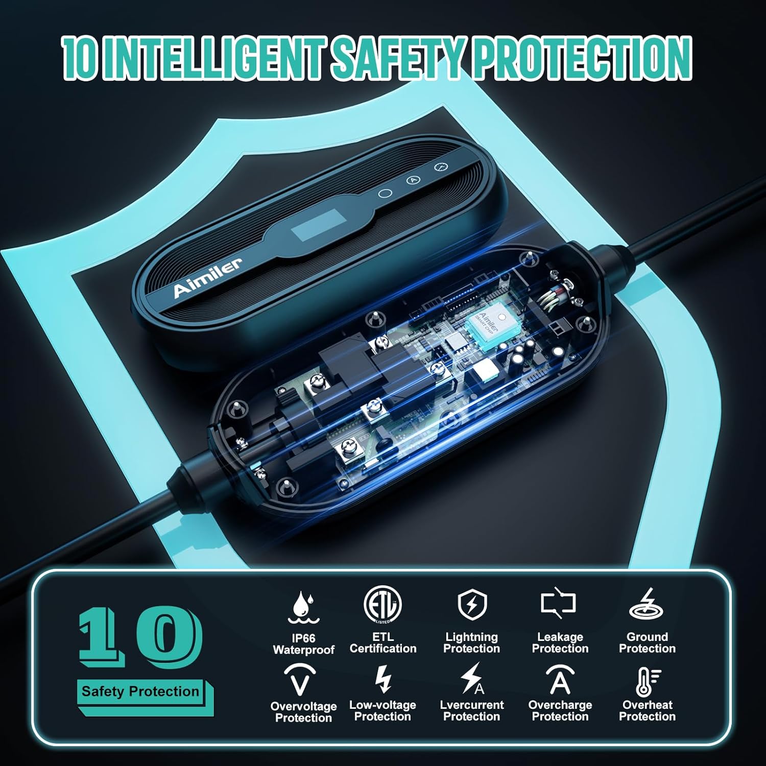 AIMILER Level 2 EV Charger 16A for Nacs Connector/Tesla Cars, ETL Certified + 1 Extra Fix Cover/Protector Cover(Black)
