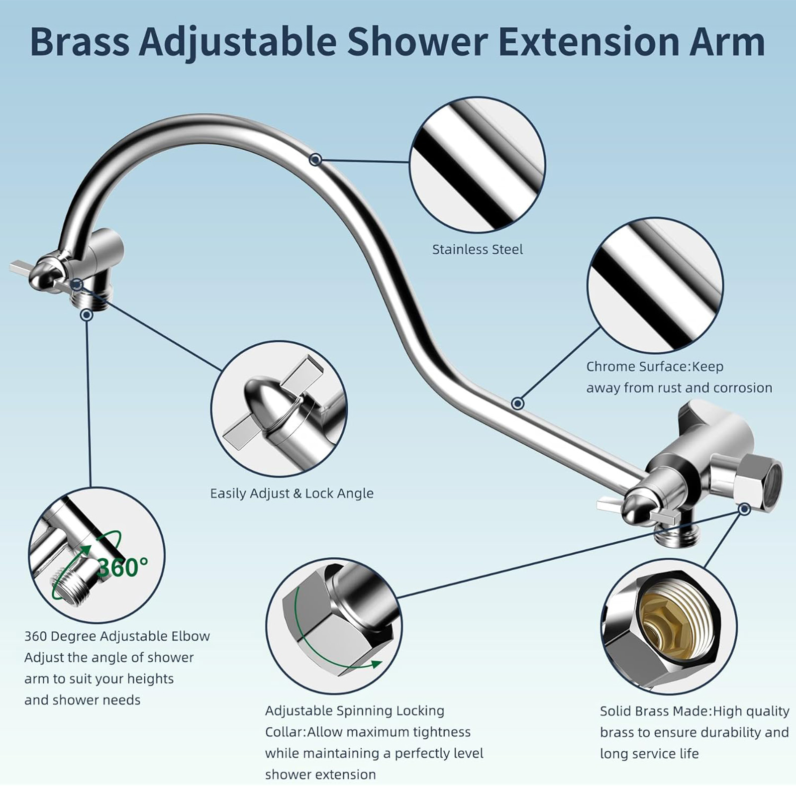 Hibbent All Metal Shower Head, 10'' High Pressure Rainfall Shower Head/Handheld Showerhead Combo with 12'' Adjustable Curved Shower Extension Arm, 7 Sprays, 71'' Shower Hose, Showerhead Holder, Chrome