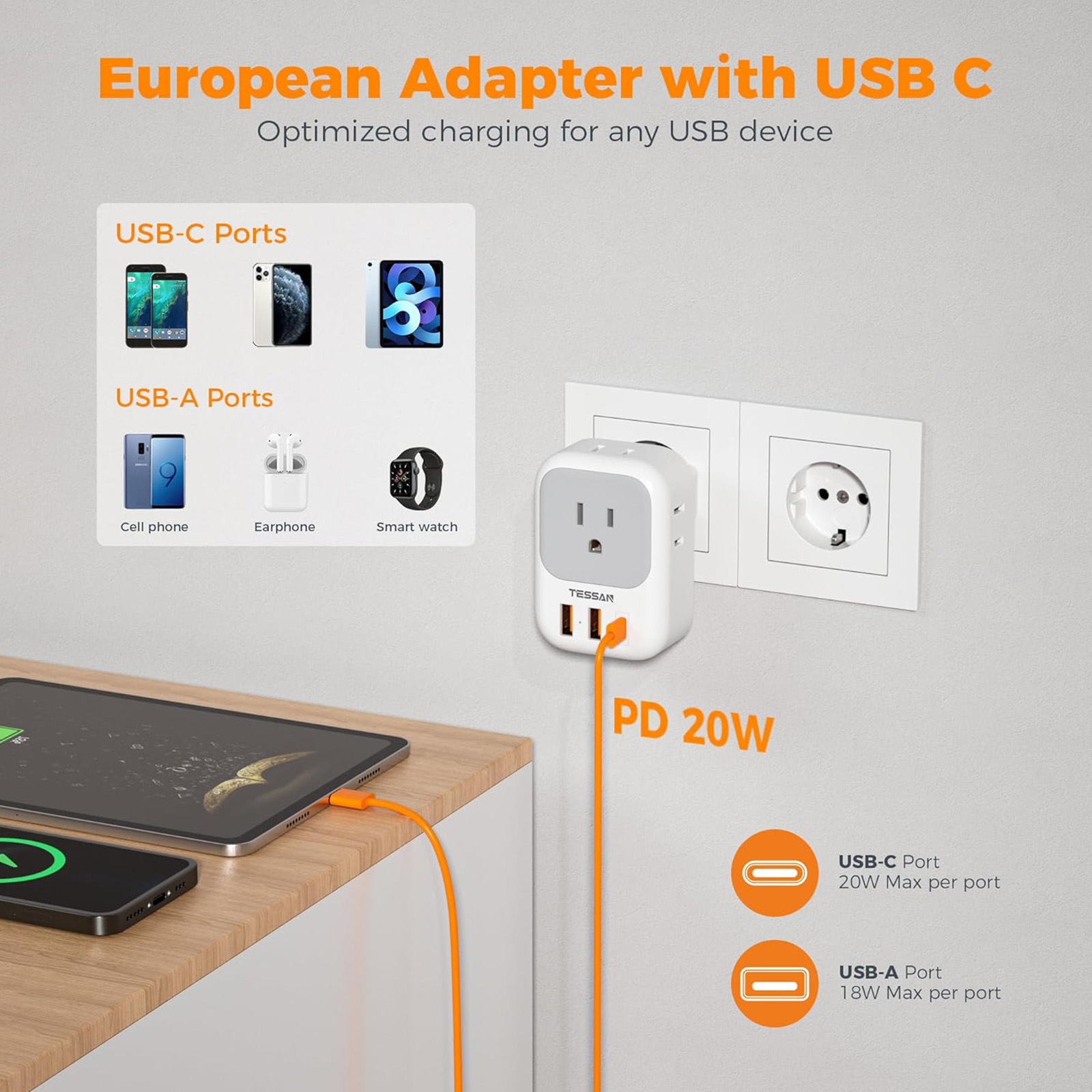 TESSAN European Travel Plug Adapter 2 Packs, Type C Europe Adaptor Foldable