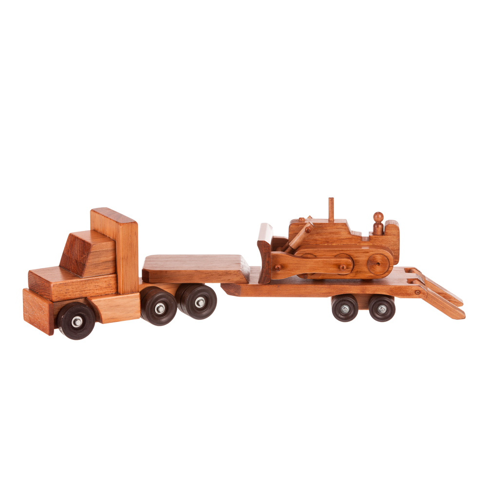 American Made Wooden Toy Truck - Low Boy with Bulldozer - Harvest