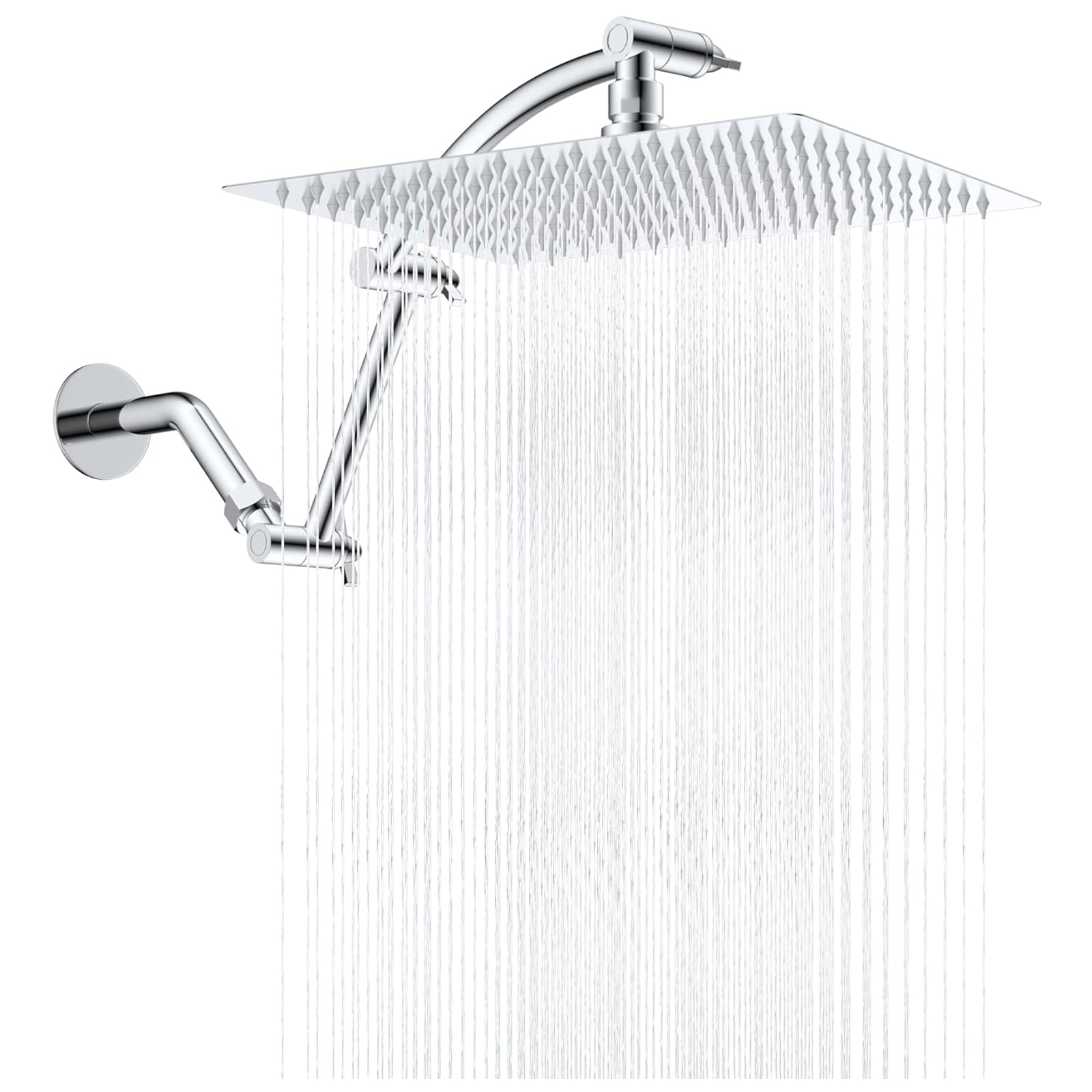 Hibbent All Metal Rain Shower Head, 12'' High Pressure Rainfall Square Showerhead with 16" Shower Head Extension Arm, Solid Brass Adjustable Shower Arm Extender, Waterfall fixed Showerheads, Chrome