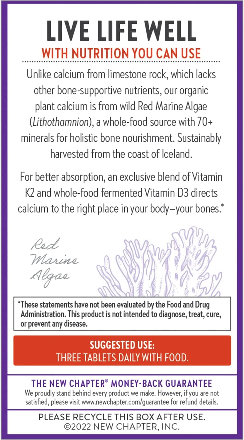 New Chapter Calcium Supplement - Bone Strength Organic Calcium with Magnesium, Vitamin D3+K2, 70+ Trace Minerals for Bone Health, Gluten Free, Easy to Swallow Slim Tablets - 180 Count
