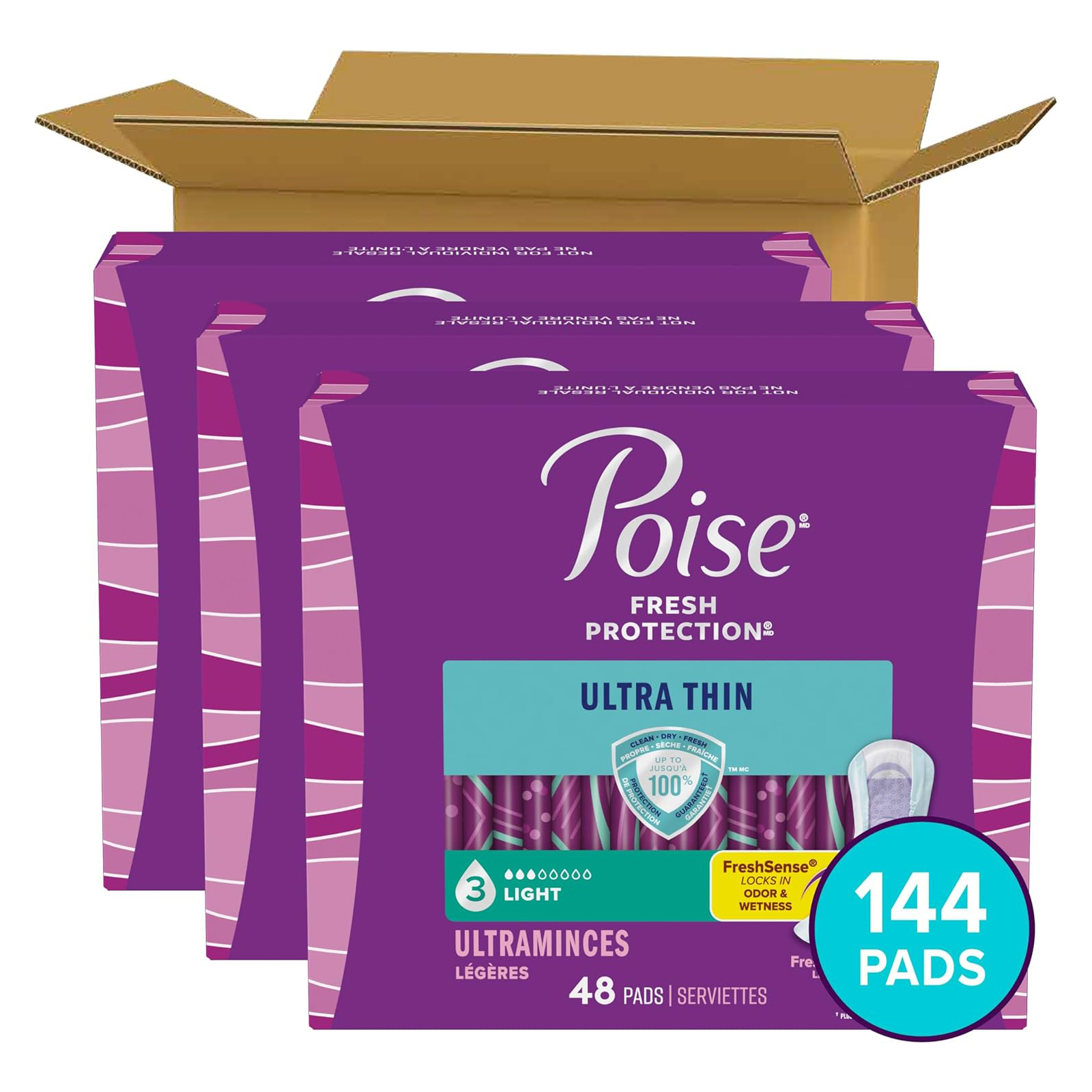 Poise Ultra Thin Incontinence Pads & Postpartum Pads for Bladder Leaks, 3 Drop Light Absorbency, Regular Length, 144 Count, Packaging May Vary