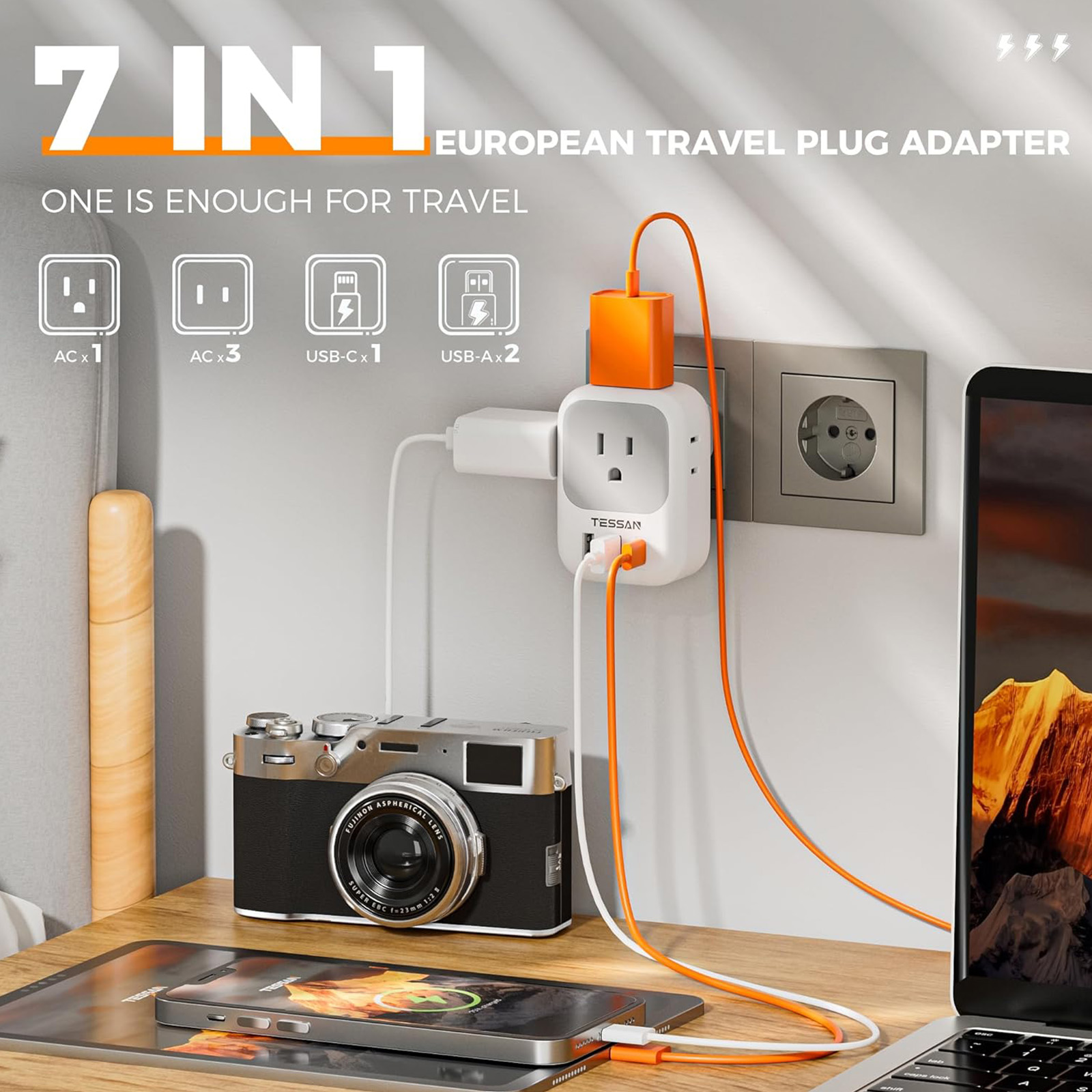 TESSAN European Travel Plug Adapter 2 Packs, Type C Europe Adaptor Foldable