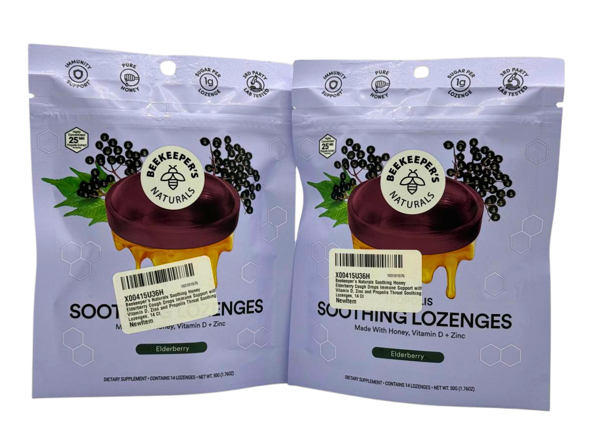 Beekeeper's Naturals Soothing Honey Elderberry Cough Drops Immune Support with Vitamin D, Zinc and Propolis - Throat Soothing Lozenges - 2 Pack - 28 Lozenges