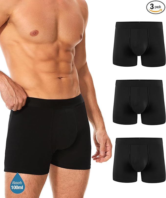 YESWEL Men's Incontinence Underwear, Leak Proof Washable Reusable Cotton Boxer Brief, Heavy Flow Bladder Leak 3 Pack (Black, Large)