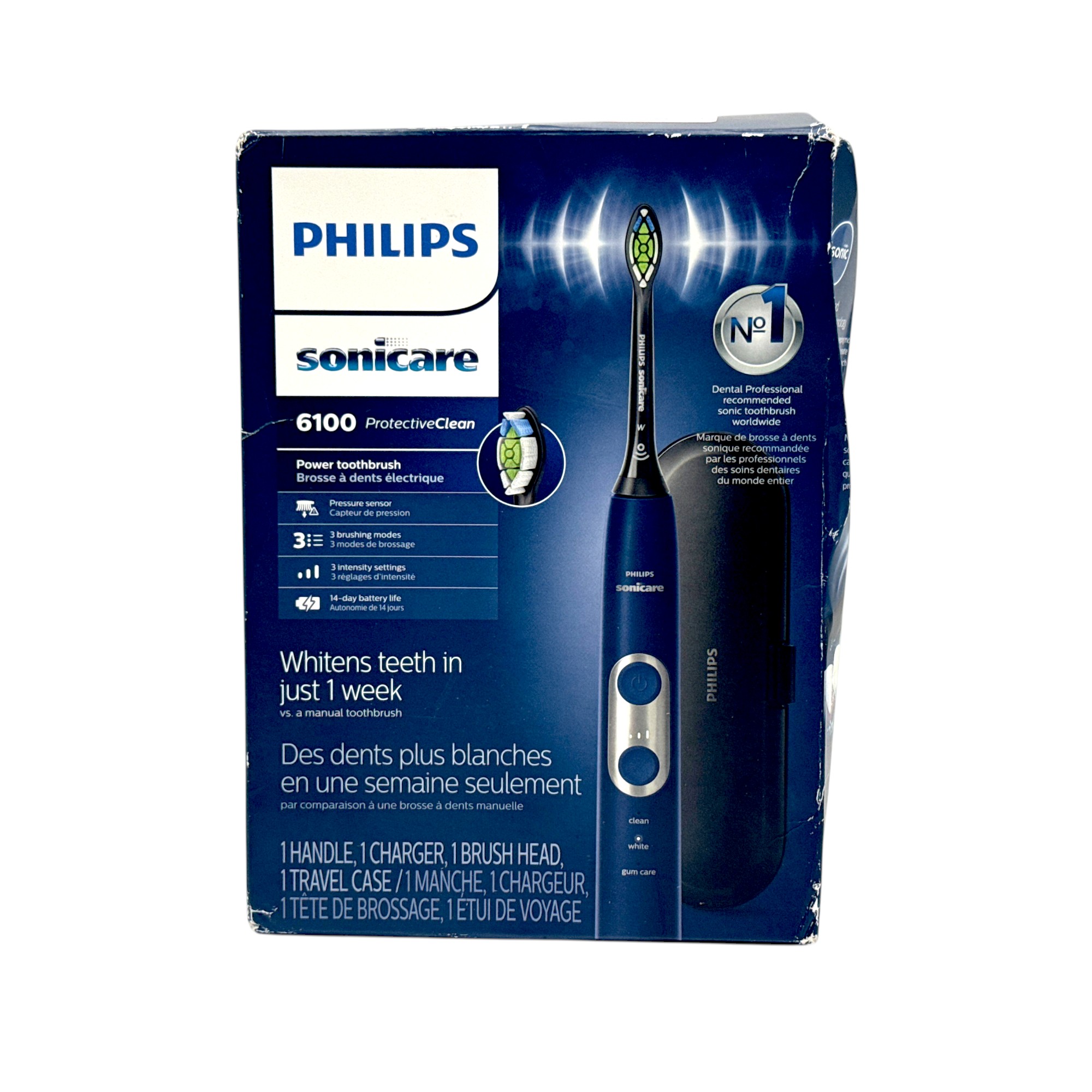 Philips Sonicare ProtectiveClean 6100 Rechargeable Electric Toothbrush, with Pressure Sensor, 3 Cleaning Modes, SmarTimer and QuadPacer, 14-Day Battery Life, Travel Case, Navy Blue, Model HX6871/49