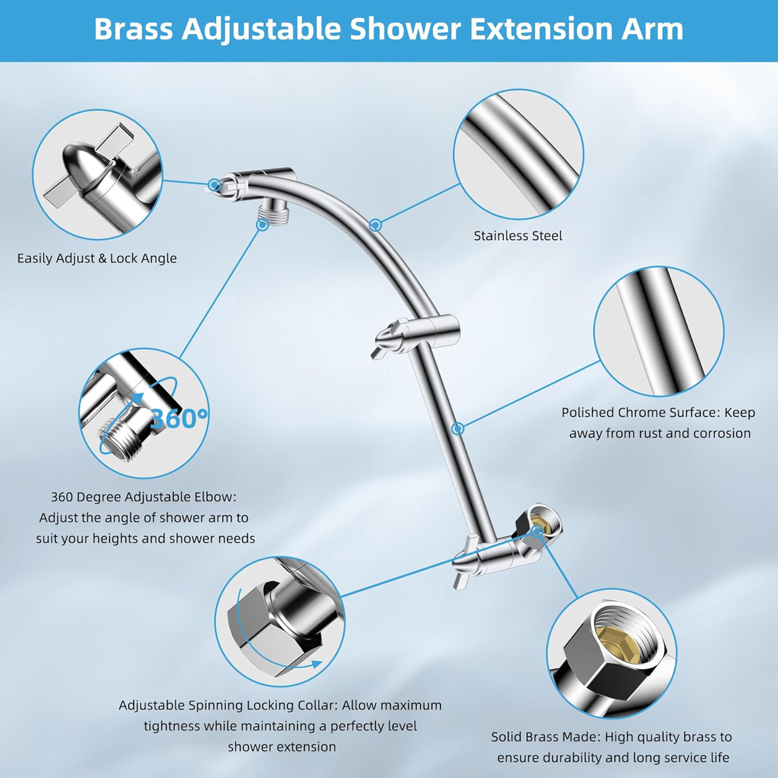 Hibbent All Metal Rain Shower Head, 12'' High Pressure Rainfall Square Showerhead with 16" Shower Head Extension Arm, Solid Brass Adjustable Shower Arm Extender, Waterfall fixed Showerheads, Chrome