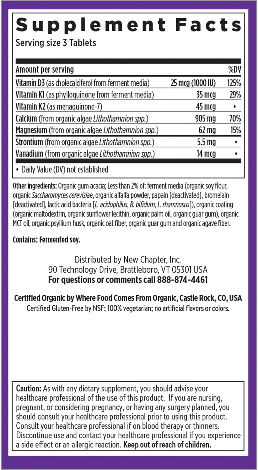 New Chapter Calcium Supplement - Bone Strength Organic Calcium with Magnesium, Vitamin D3+K2, 70+ Trace Minerals for Bone Health, Gluten Free, Easy to Swallow Slim Tablets - 180 Count