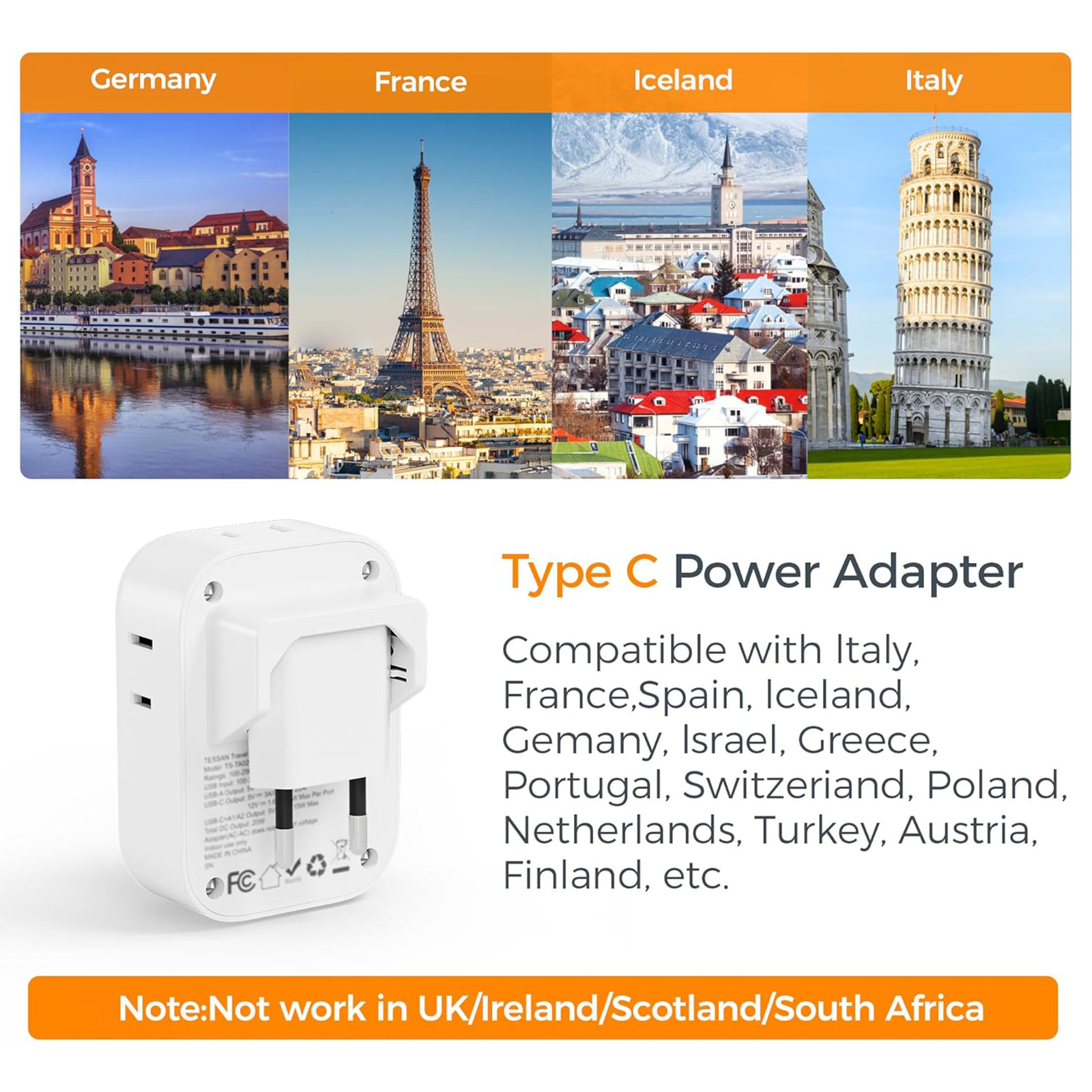 TESSAN European Travel Plug Adapter 2 Packs, Type C Europe Adaptor Foldable