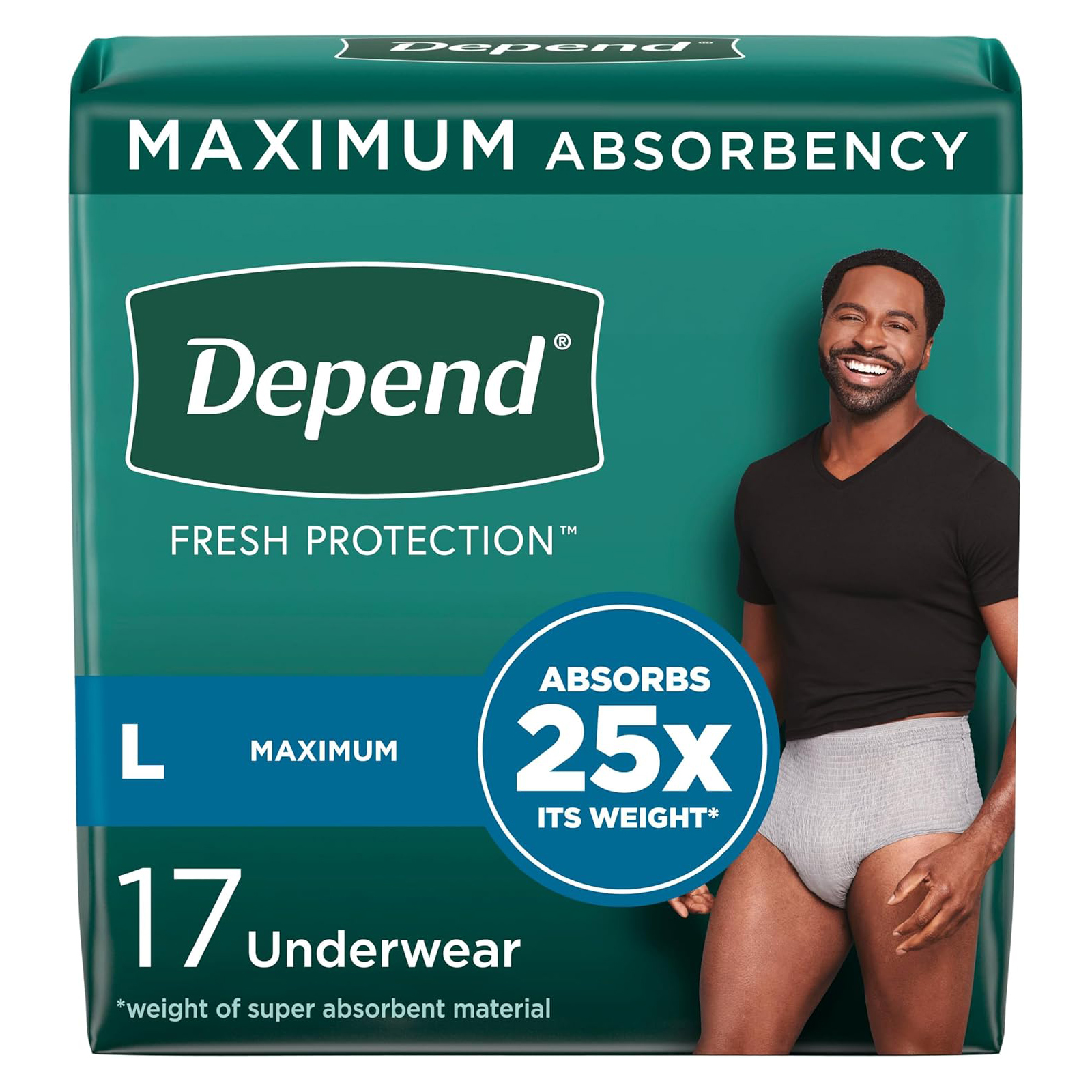 Depend Fresh Protection Adult Incontinence Underwear for Men, Disposable, Maximum, Large, Grey, 17 Count, Packaging May Vary