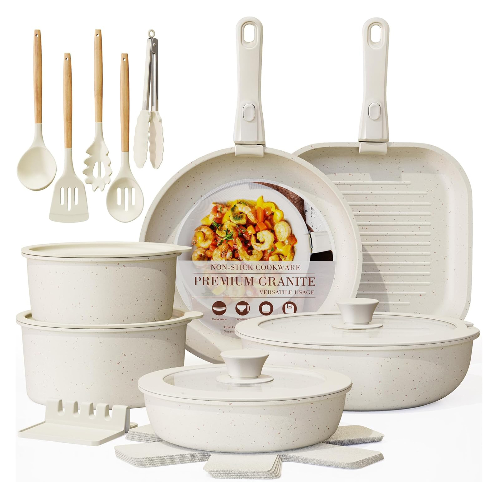 Astercook 23 Pcs Pots and Pans Set Non Stick, Ceramic Cookware Set Detachable Handle, RV Kitchen Cooking Set Removable Handles, Oven Safe, Induction Ready, Stackable Non-stick Set, Cream White