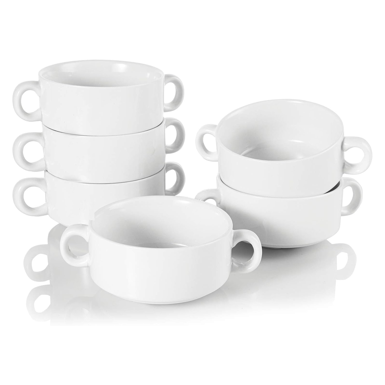 Foraineam Porcelain Bowls with Double Handles 10 Ounce White French Onion Soup Crocks Round Stackable Bowls for Soup, Cereal, Oatmeal, Set of 6