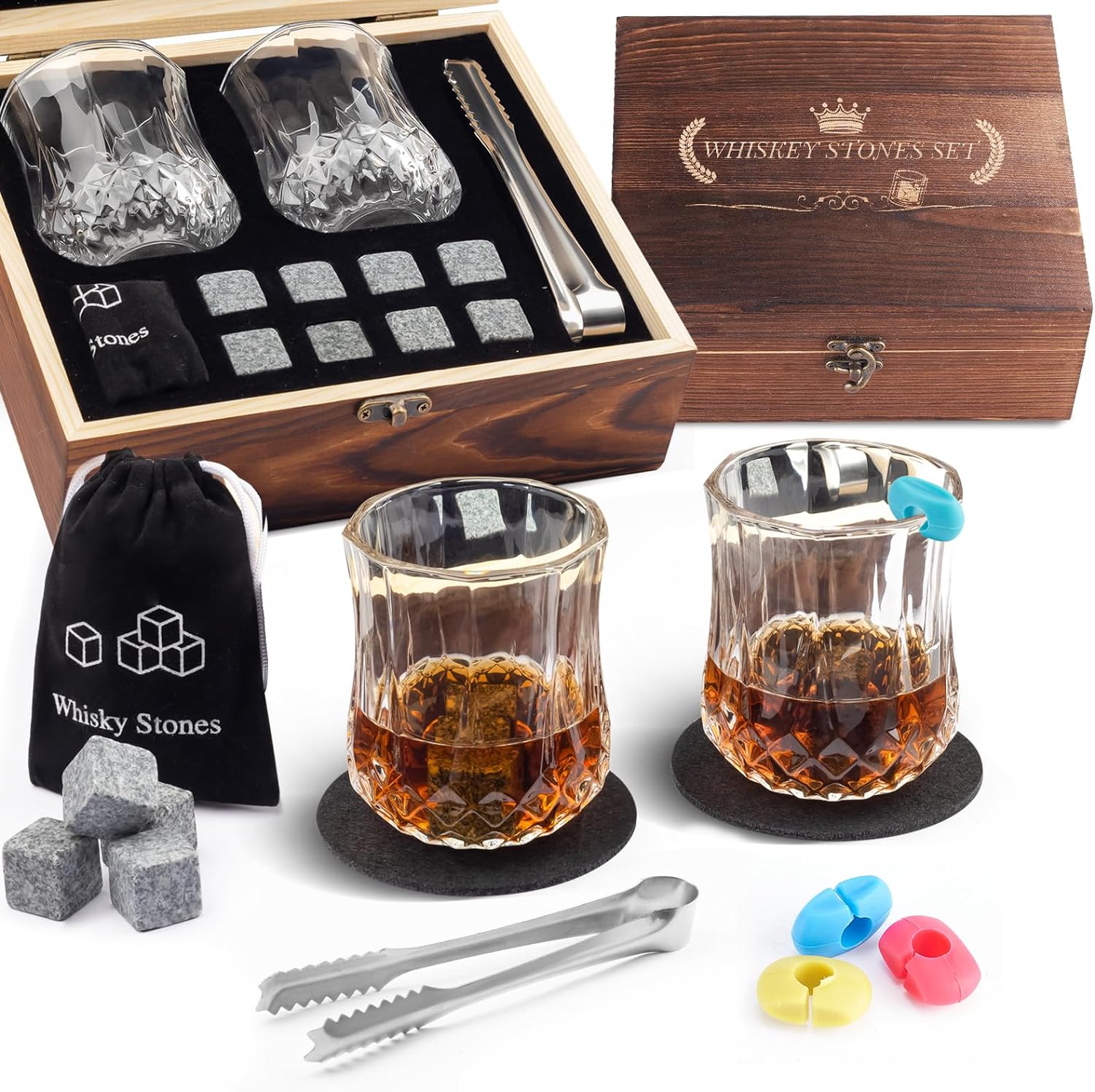 Whiskey Stones Gifts for Men, Whiskey Glasses Set of 2 with Chilling Rocks