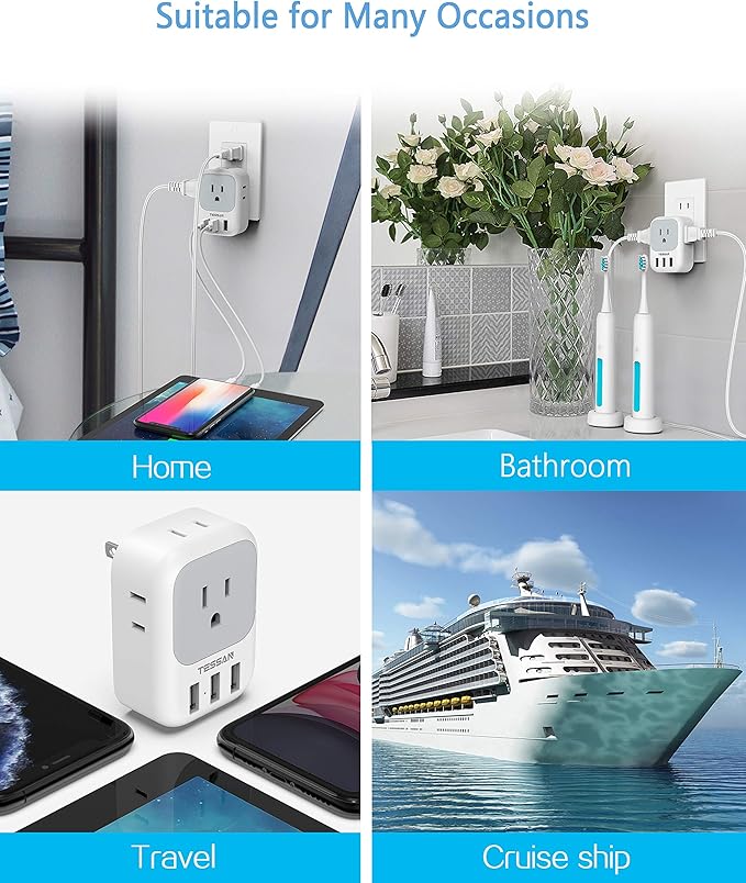 TESSAN US to Japan Plug Adapter 2 Pack, 2 Prong to 3 Prong Outlet Adapter with 4 AC and 3 USB Charger, Type A Travel Power Adaptor for USA to Japanese Tokyo Canada Mexico Philippines Peru China Colombia