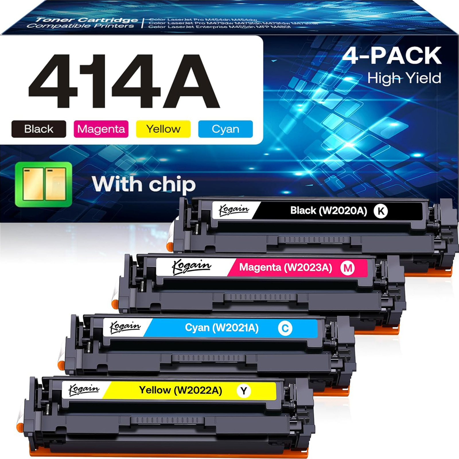 Kogain 414A Toner Cartridges (with Chip) Compatible for HP 414A丨W2020A 414X Work with HP Color Laserjet Pro M479fdn M479fdw M479fnw M454dn M454dw M479dw (BCMY, 4 Pack)