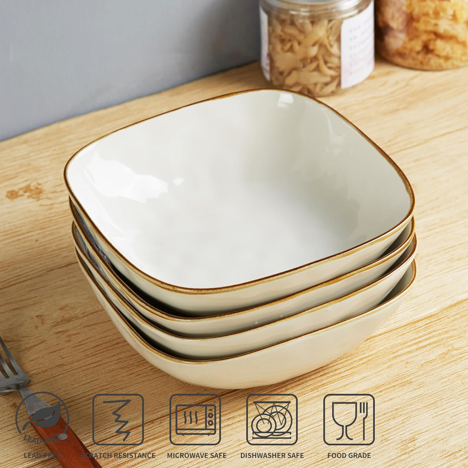 famiware Large Pasta Bowls Set of 4, Ocean Square 8" Bowls, Pasta Serving Bowl Large Dinner Bowls, Kitchen Bowl Set, Microwave and Dishwasher Safe, Scratch Resistant, Vanilla White