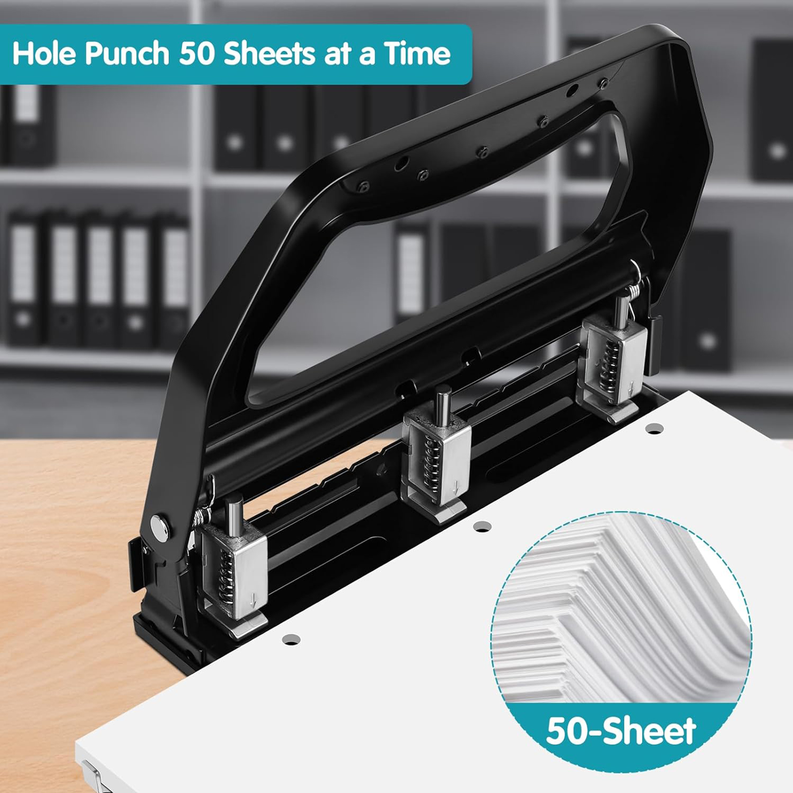 AFMAT Heavy Duty 3 Hole Punch, 50-Sheet, 50% Reduced Effort, Adjustable Two & Three Hole Punch, Metal Paper Puncher w/Large Chip Tray, Metal Paper Guide, Black (NO BOX)
