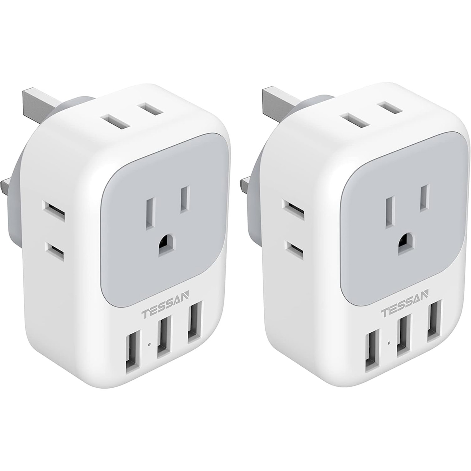 TESSAN US to UK Plug Type G Adapter, 4 American Outlets 3 USB,  2 Pack 
