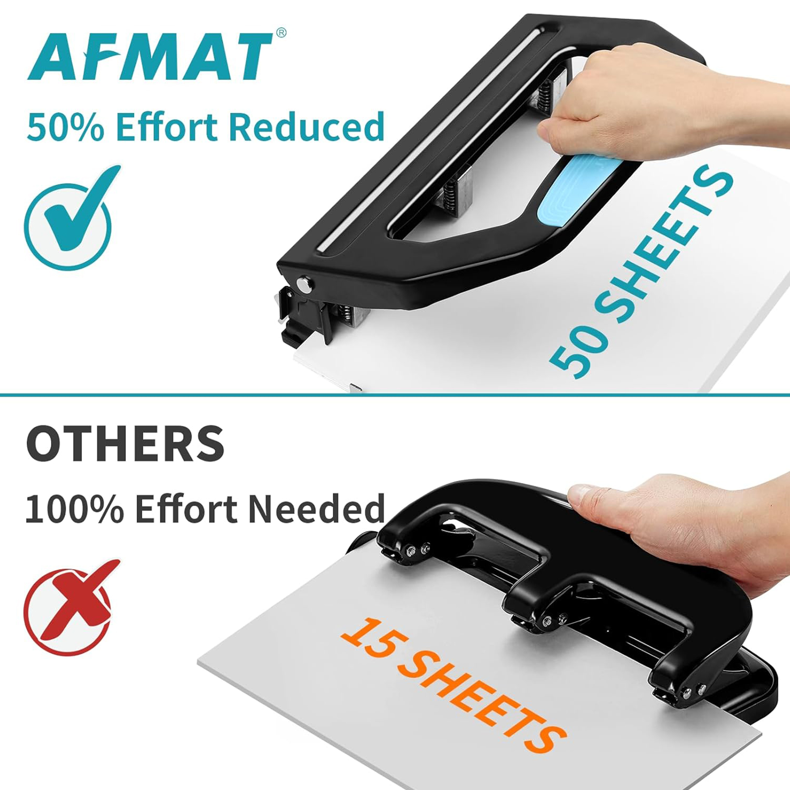 AFMAT Heavy Duty 3 Hole Punch, 50-Sheet, 50% Reduced Effort, Adjustable Two & Three Hole Punch, Metal Paper Puncher w/Large Chip Tray, Metal Paper Guide, Black (NO BOX)
