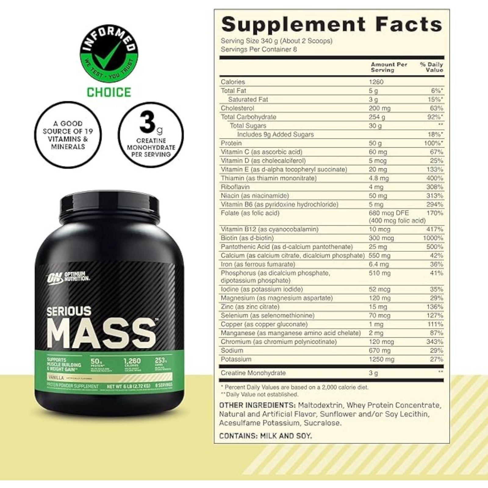 Optimum Nutrition Serious Mass, Weight Gainer Protein Powder with Creatine, Vanilla, 6.lb