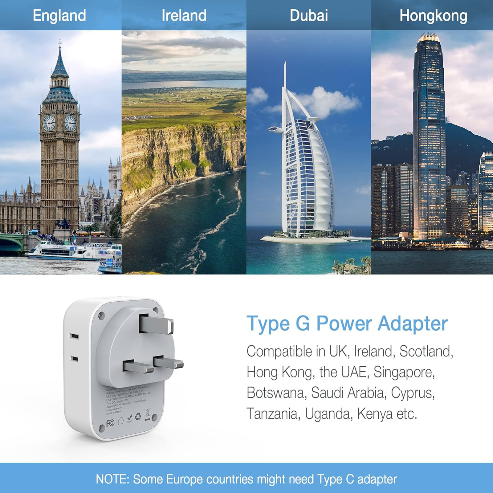 TESSAN US to UK Plug Type G Adapter, 4 American Outlets 3 USB,  2 Pack 