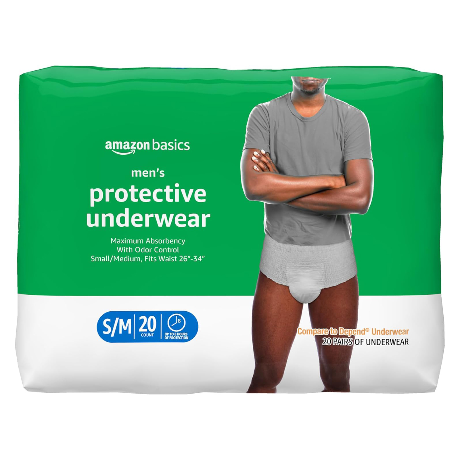 Amazon Basics Incontinence Underwear for Men, Maximum Absorbency, Small/Medium, 20 Count (3 Pack)