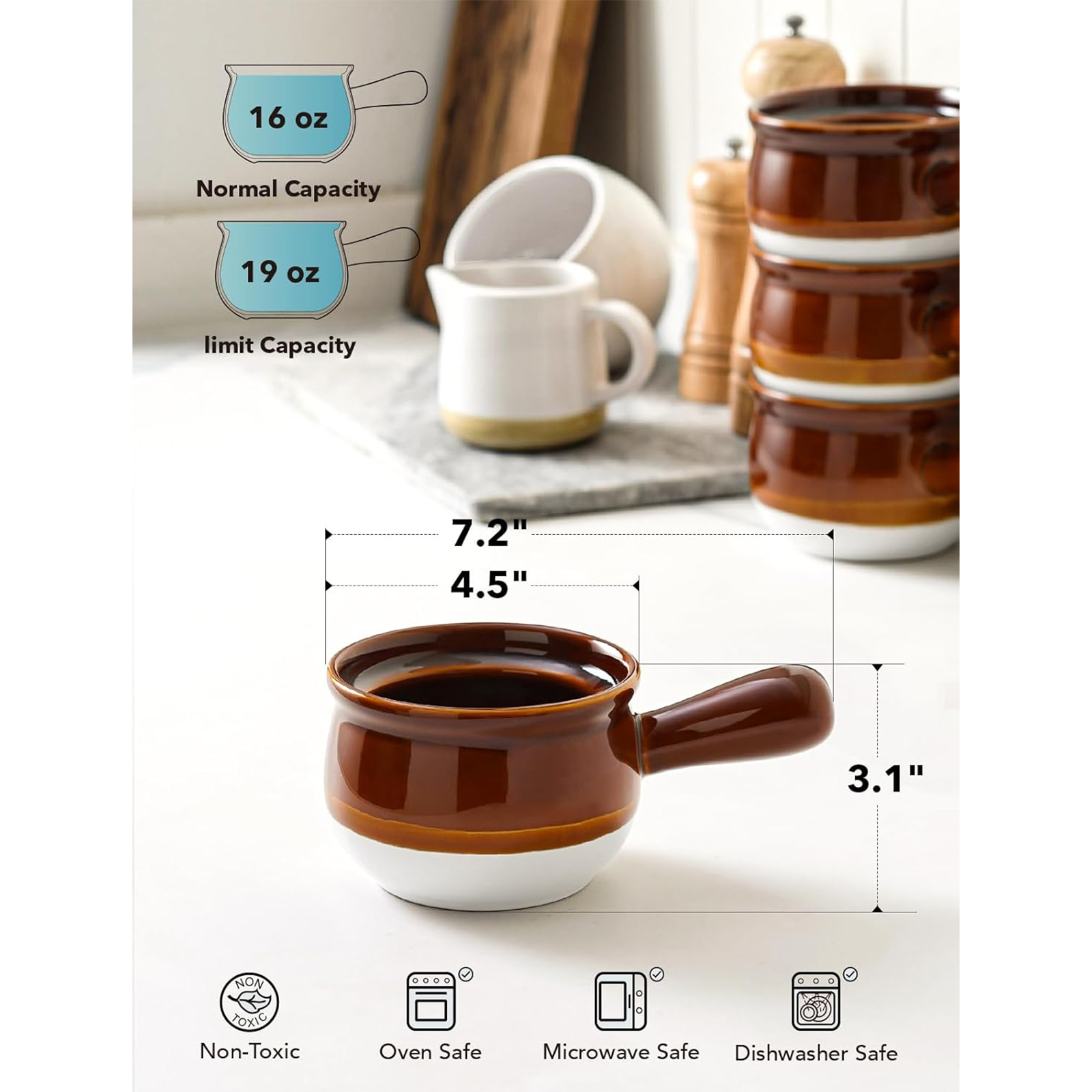 LE TAUCI French Onion Soup Bowls, 16 Ounces Ceramic Soup Bowls with Handles for Soup, Cereal, Chilli, Beef Stew, Soup Crocks Oven Safe and Stackable, Set of 4