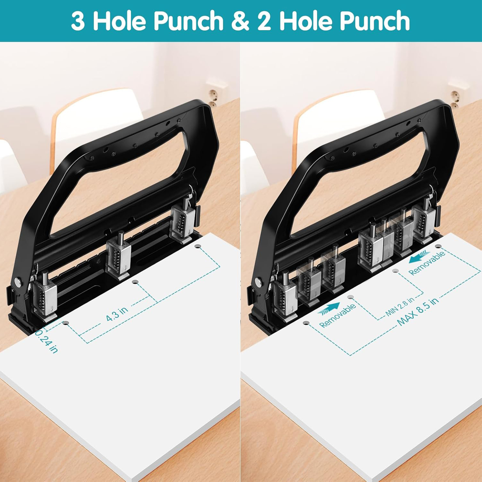 AFMAT Heavy Duty 3 Hole Punch, 50-Sheet, 50% Reduced Effort, Adjustable Two & Three Hole Punch, Metal Paper Puncher w/Large Chip Tray, Metal Paper Guide, Black (NO BOX)