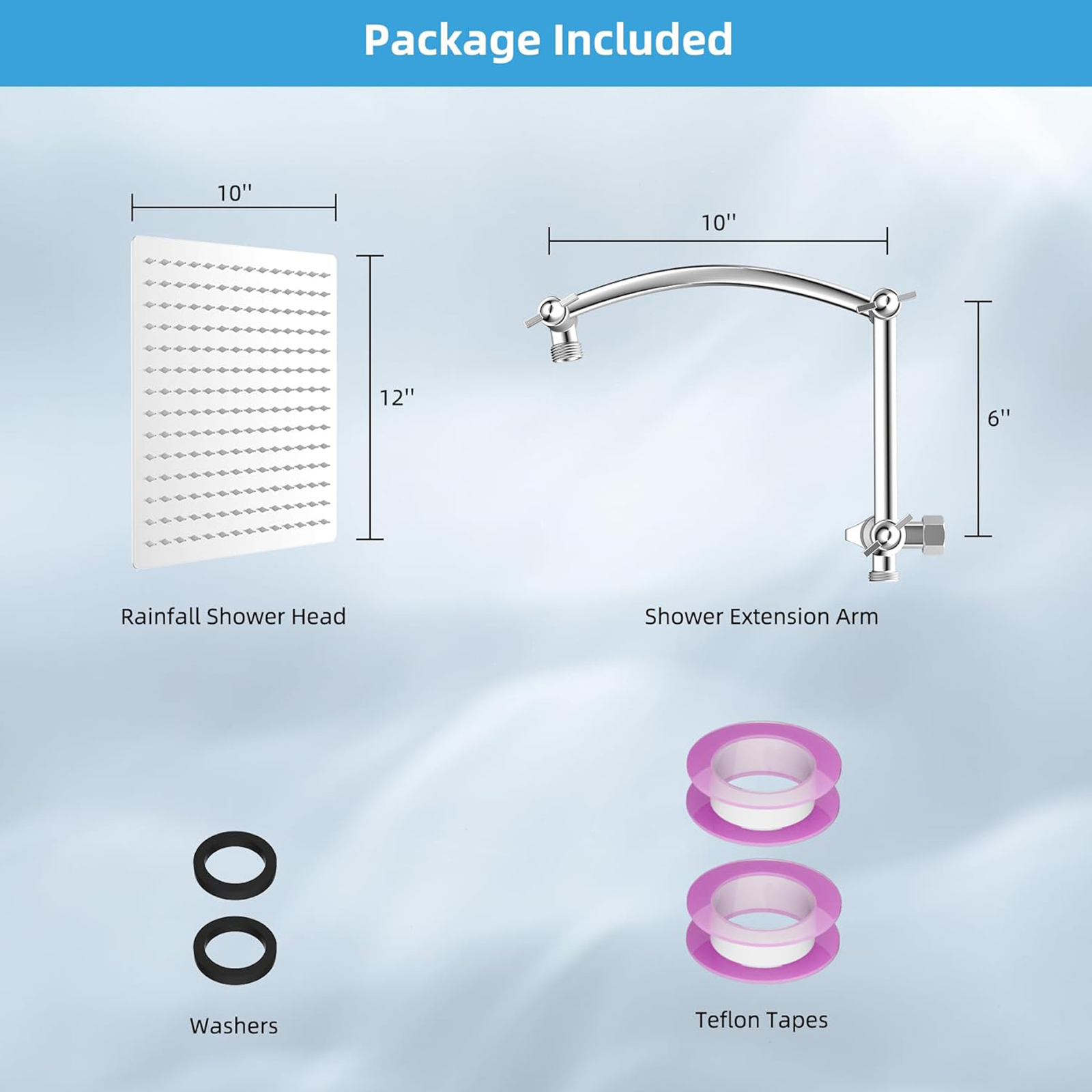 Hibbent All Metal Rain Shower Head, 12'' High Pressure Rainfall Square Showerhead with 16" Shower Head Extension Arm, Solid Brass Adjustable Shower Arm Extender, Waterfall fixed Showerheads, Chrome