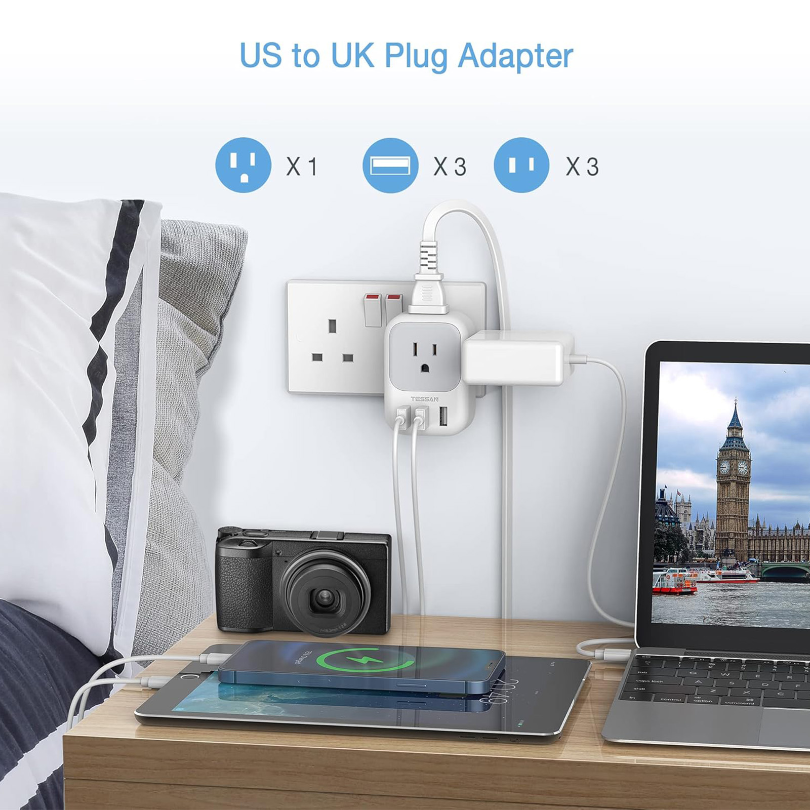 TESSAN US to UK Plug Type G Adapter, 4 American Outlets 3 USB,  2 Pack 