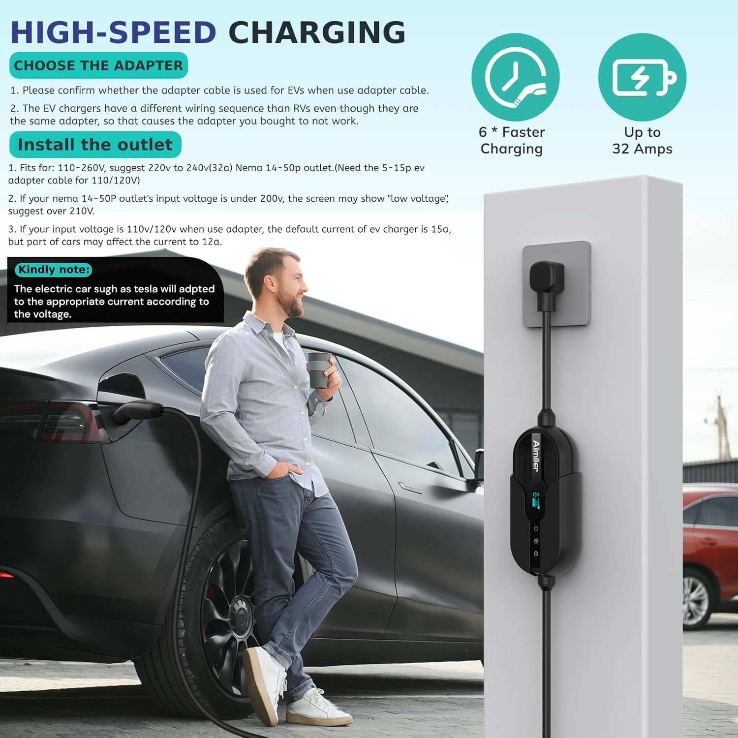 AIMILER Level 2 Tesla Charger(Wireless WiFi APP), 240V, 32 Amp, NEMA 14-50 Plug, 25ft Cord - Portable/Home NACS Connector Electric Car(EV) Charger for Tesla - Compatible with Tesla Model X/Y/3/S