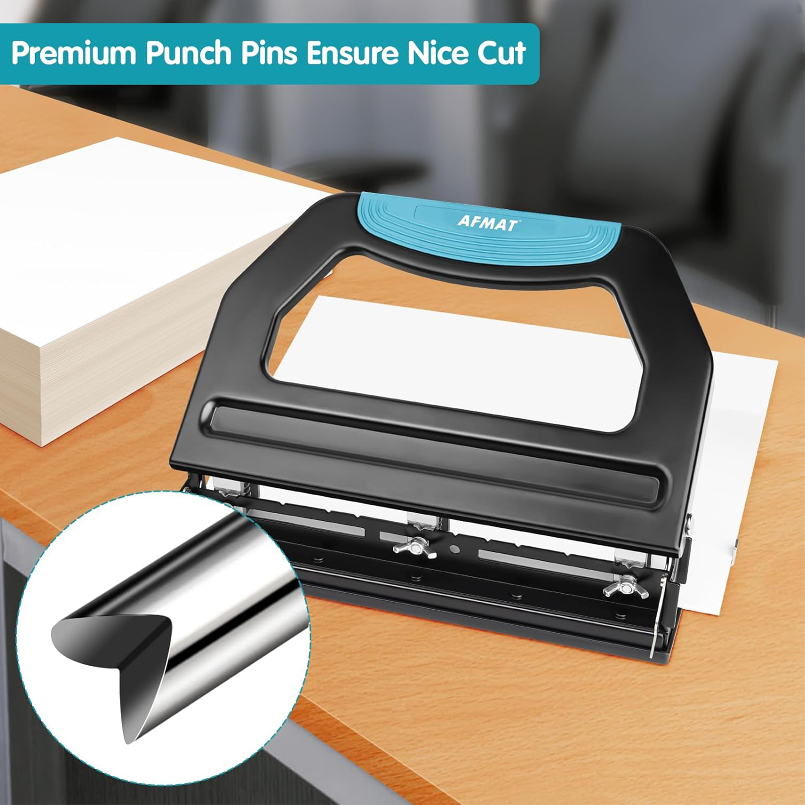 AFMAT Heavy Duty 3 Hole Punch, 50-Sheet, 50% Reduced Effort, Adjustable Two & Three Hole Punch, Metal Paper Puncher w/Large Chip Tray, Metal Paper Guide, Black (NO BOX)