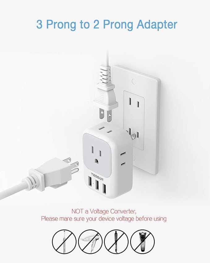 TESSAN US to Japan Plug Adapter 2 Pack, 2 Prong to 3 Prong Outlet Adapter with 4 AC and 3 USB Charger, Type A Travel Power Adaptor for USA to Japanese Tokyo Canada Mexico Philippines Peru China Colombia