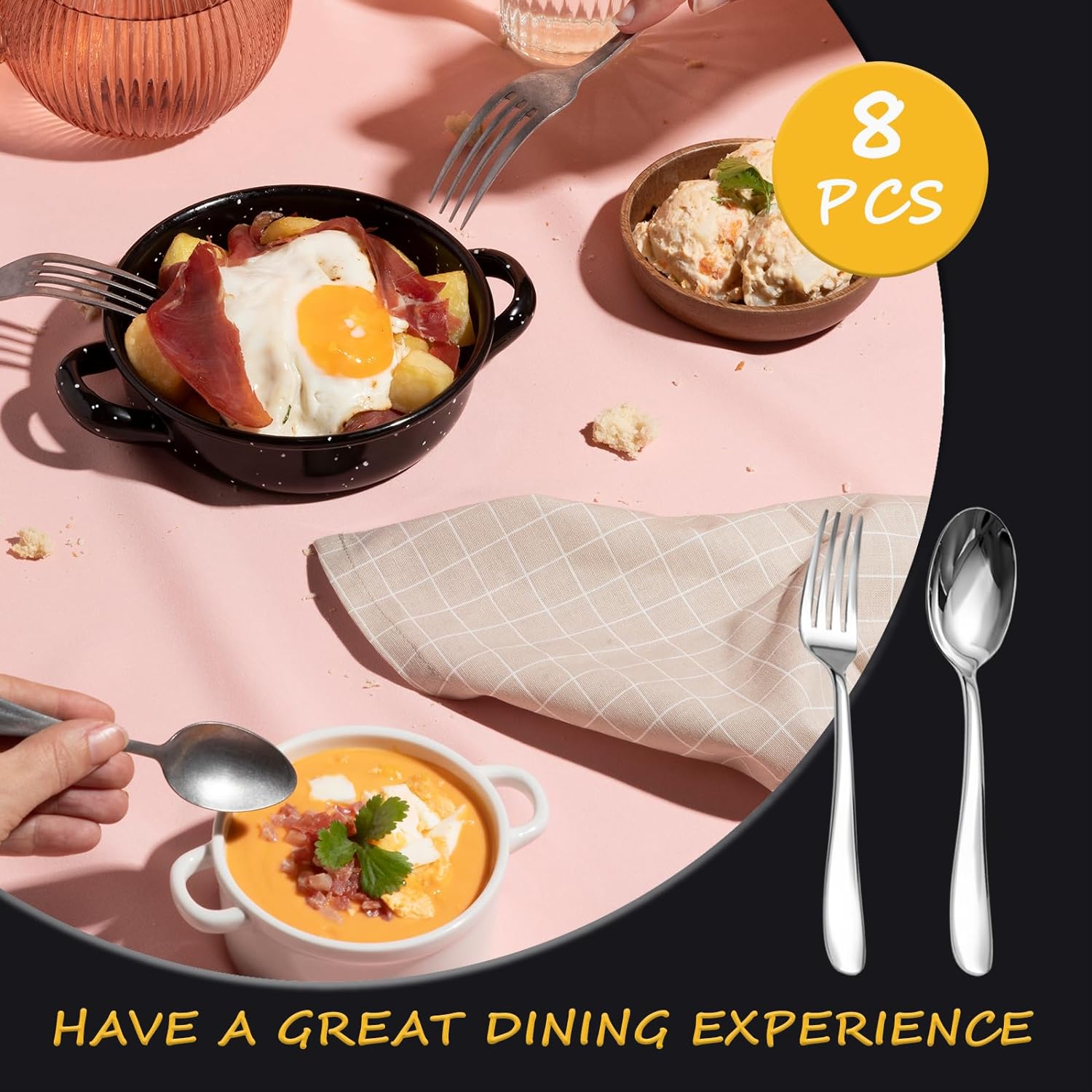 SANTUO Stainless Steel Teaspoon and Dessert Forks Set, Stainless Steel Silverware set of 8, Mirror Polished & Dishwasher Safe