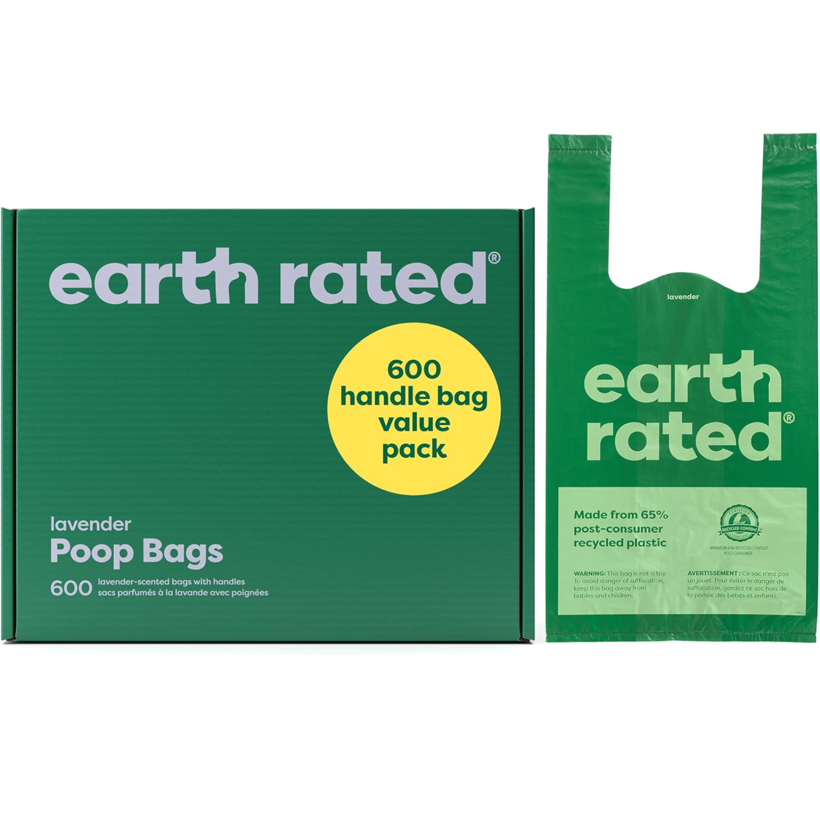 Earth Rated Dog Poop Bags with Handles Value Pack, Easy Tie and Guaranteed Leakproof, Lavender, 600 Handle Bags