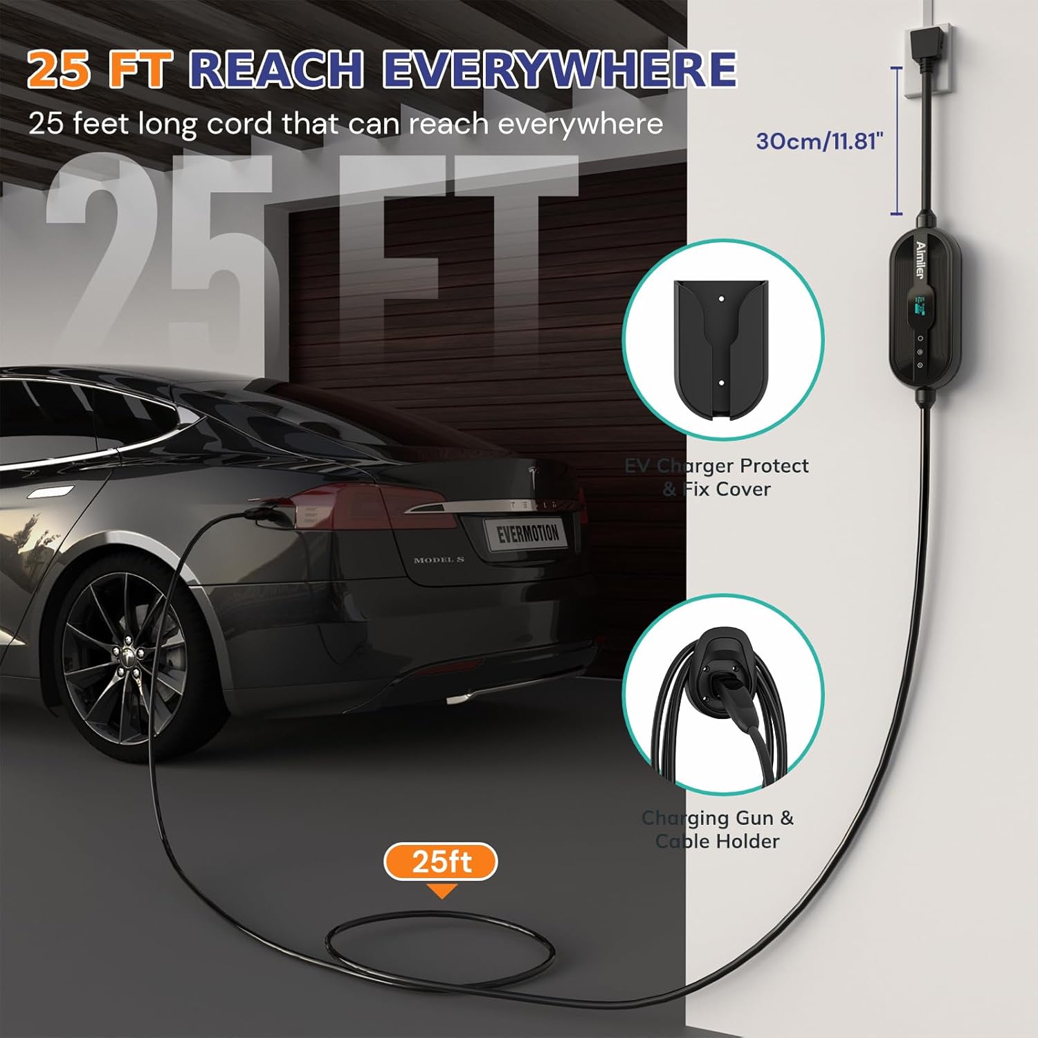 AIMILER Level 2 Tesla Charger(Wireless WiFi APP), 240V, 32 Amp, NEMA 14-50 Plug, 25ft Cord - Portable/Home NACS Connector Electric Car(EV) Charger for Tesla - Compatible with Tesla Model X/Y/3/S