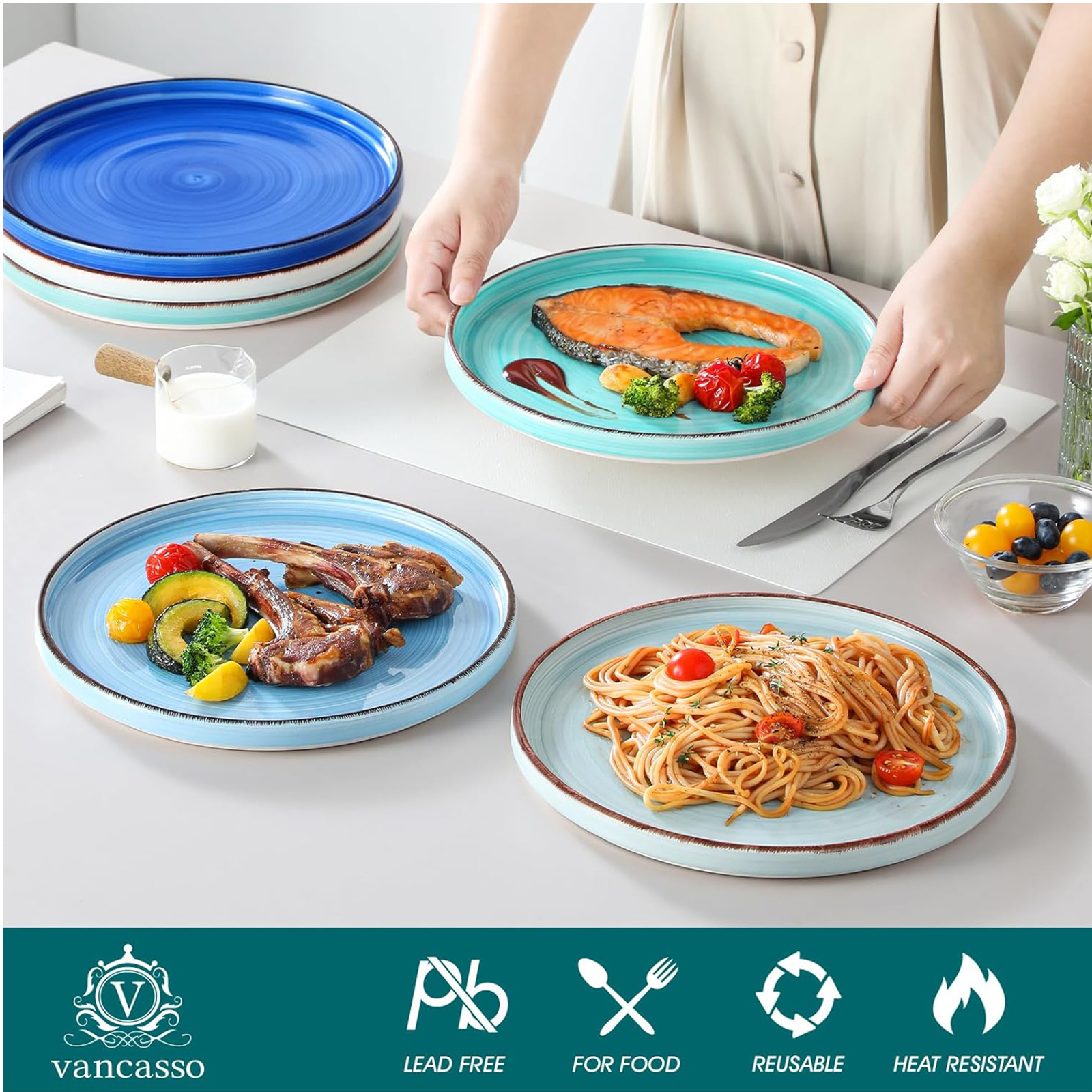 vancasso Bonita 10.5 Inch Dinner Plates, Ceramic Dinner Plate Set, Dinner Plates Set of 6, Large Dinnerware Plates for Kitchen, Microwave, Oven and Dishwasher Safe, Blue