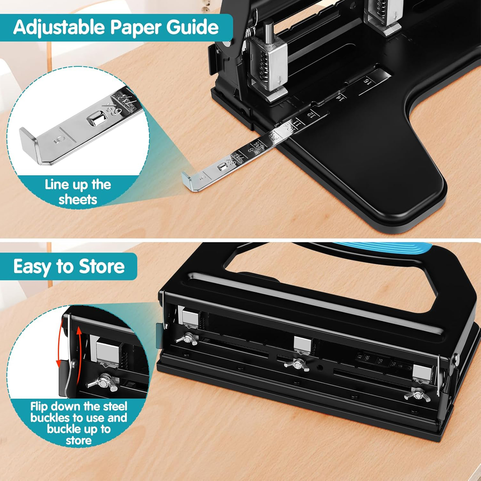 AFMAT Heavy Duty 3 Hole Punch, 50-Sheet, 50% Reduced Effort, Adjustable Two & Three Hole Punch, Metal Paper Puncher w/Large Chip Tray, Metal Paper Guide, Black (NO BOX)