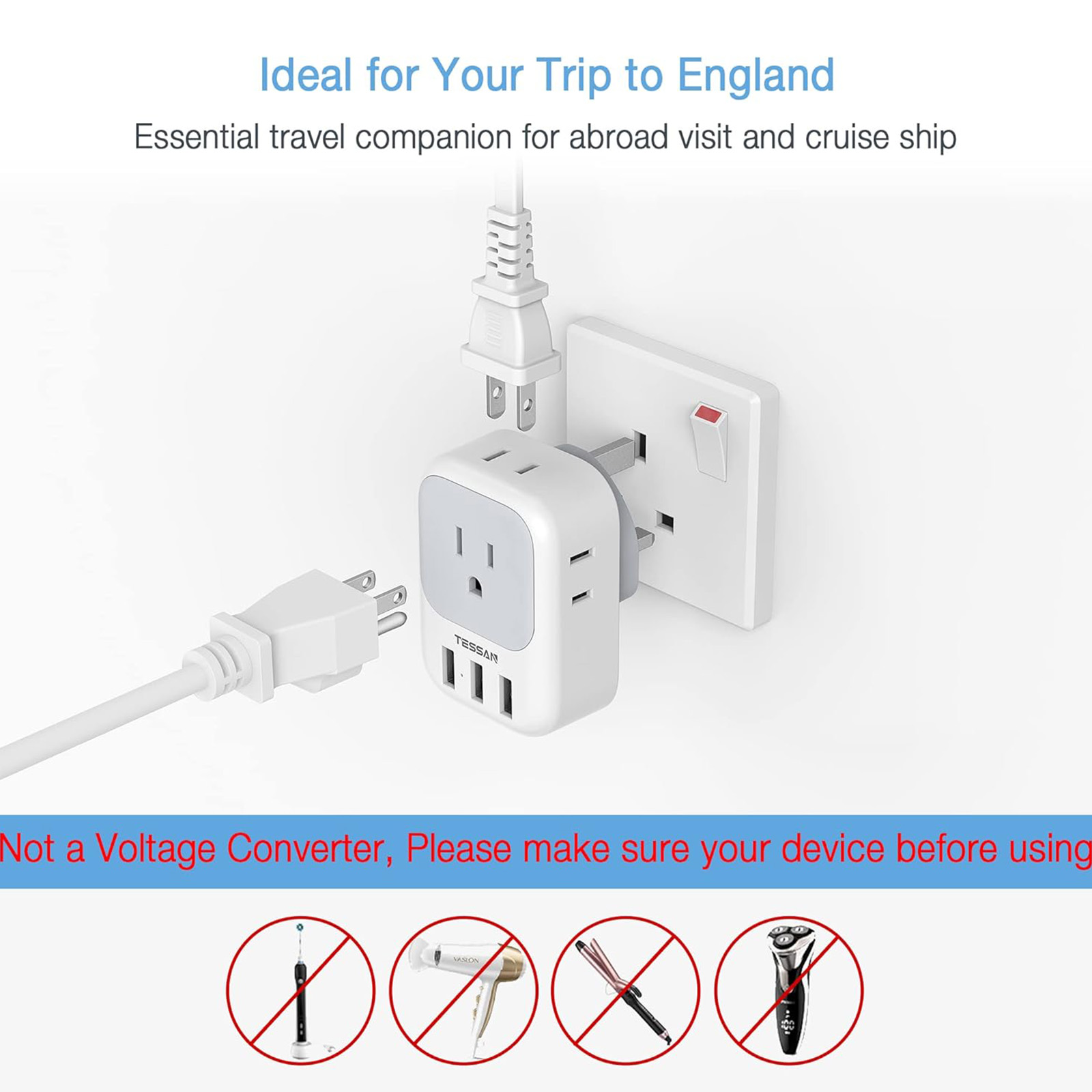 TESSAN US to UK Plug Type G Adapter, 4 American Outlets 3 USB,  2 Pack 