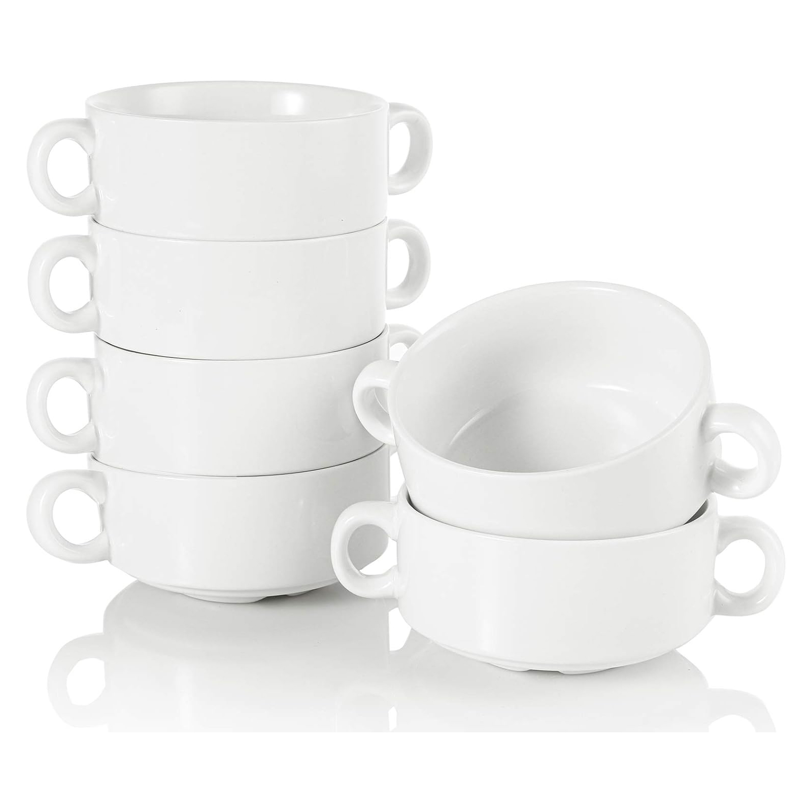 Foraineam Porcelain Bowls with Double Handles 10 Ounce White French Onion Soup Crocks Round Stackable Bowls for Soup, Cereal, Oatmeal, Set of 6