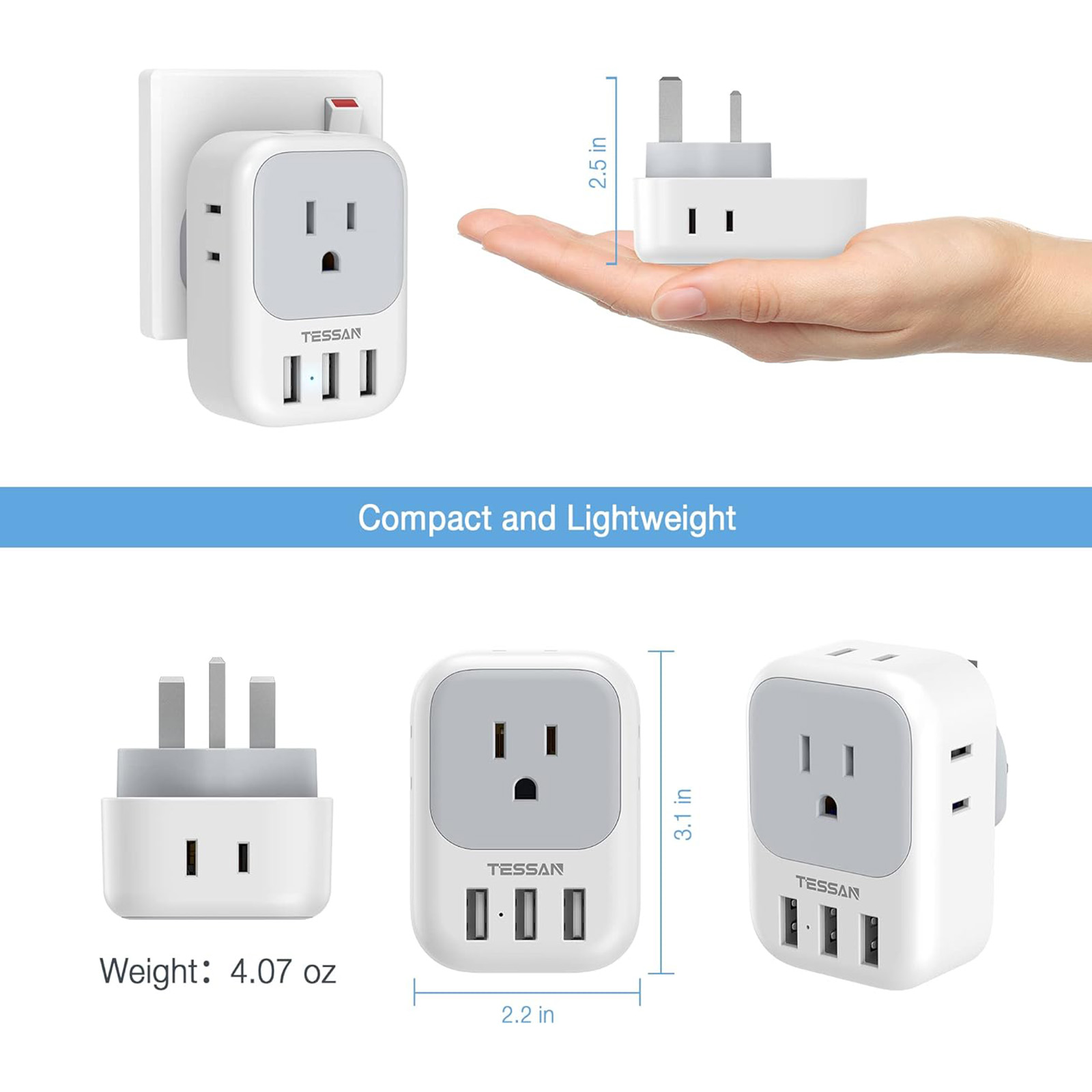 TESSAN US to UK Plug Type G Adapter, 4 American Outlets 3 USB,  2 Pack 