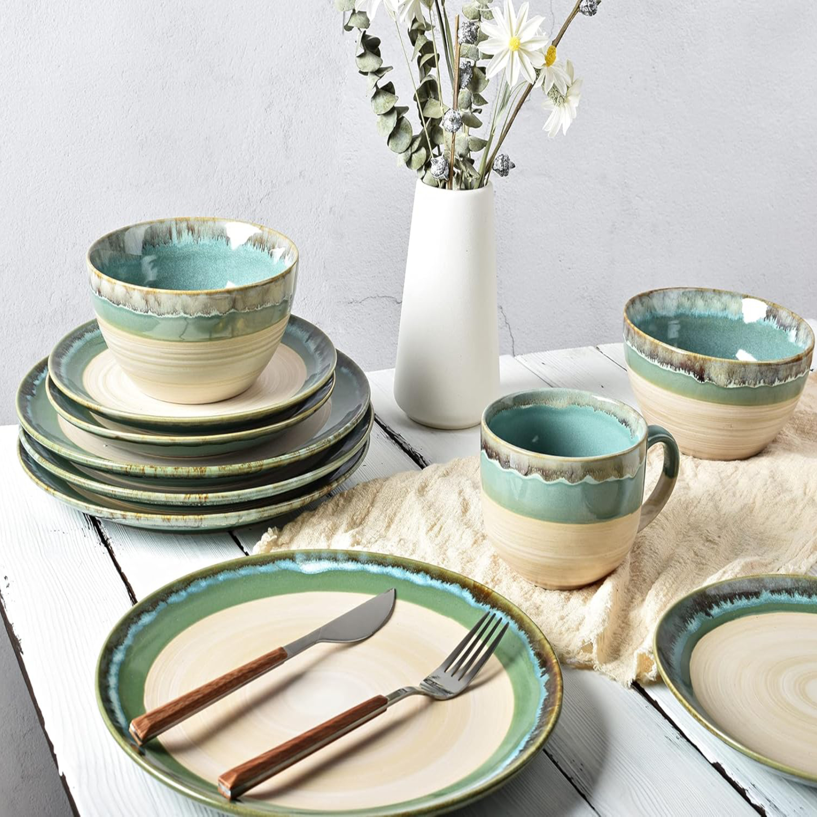 Bosmarlin Ceramic Soup Bowl Set of 4, 26 Oz, 6 Inch Stoneware Cereal Bowl for Oatmeal, Salad, Dishwasher and Microwave Safe, Reactive Glaze (Green, 6 in)