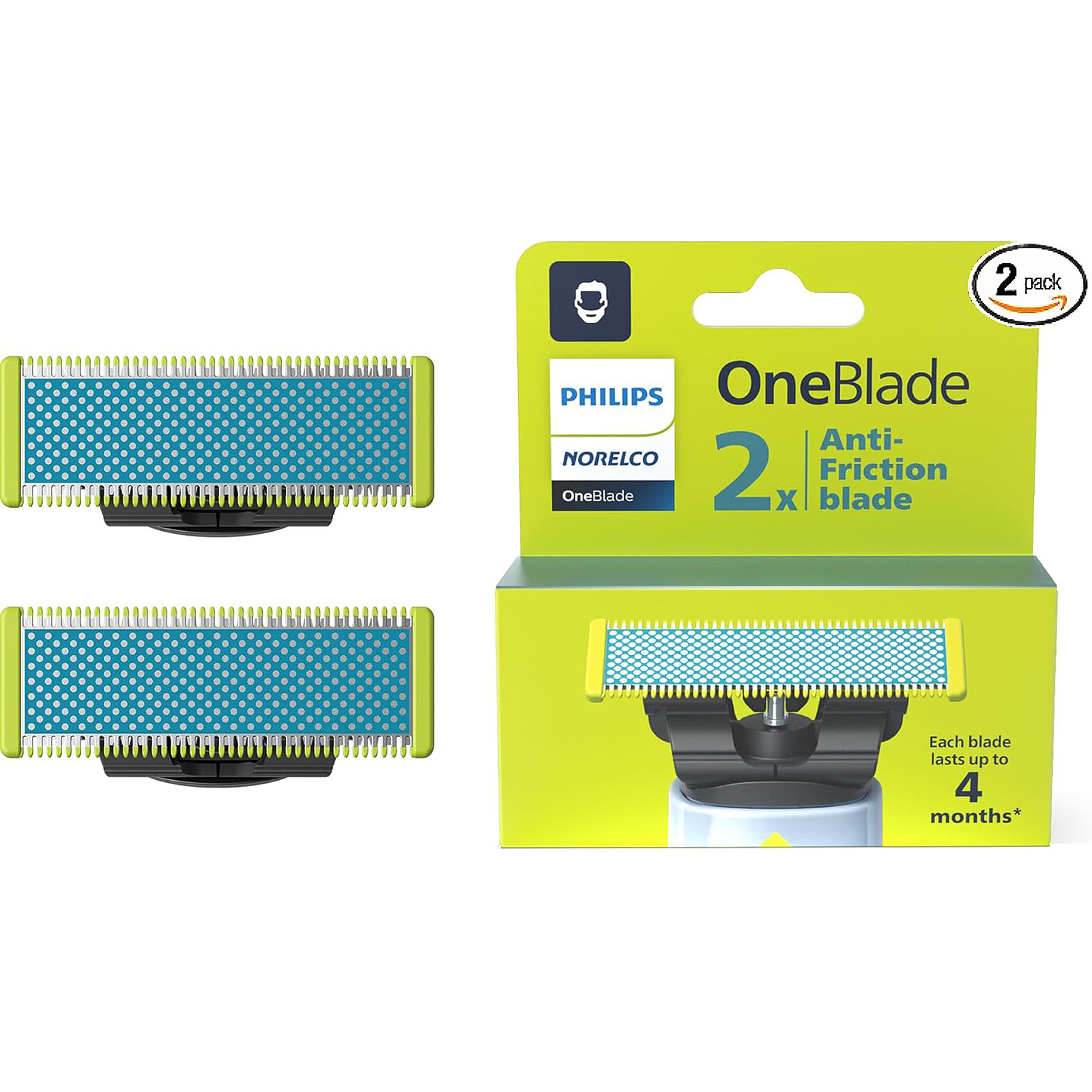 Philips Norelco OneBlade Anti Friction Blade, Genuine Replacement Blade for OneBlade Electric Shaver and Trimmer, Durable Stainless Steel, Trim, Edge and Shave, 2 Pack, QP225/80