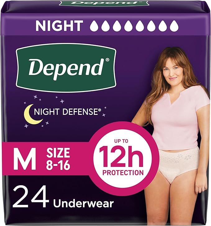 Depend Night Defense Adult Incontinence & Postpartum Bladder Leak Underwear for Women, Disposable, Overnight, Medium, Blush, 24 Count, Packaging May Vary