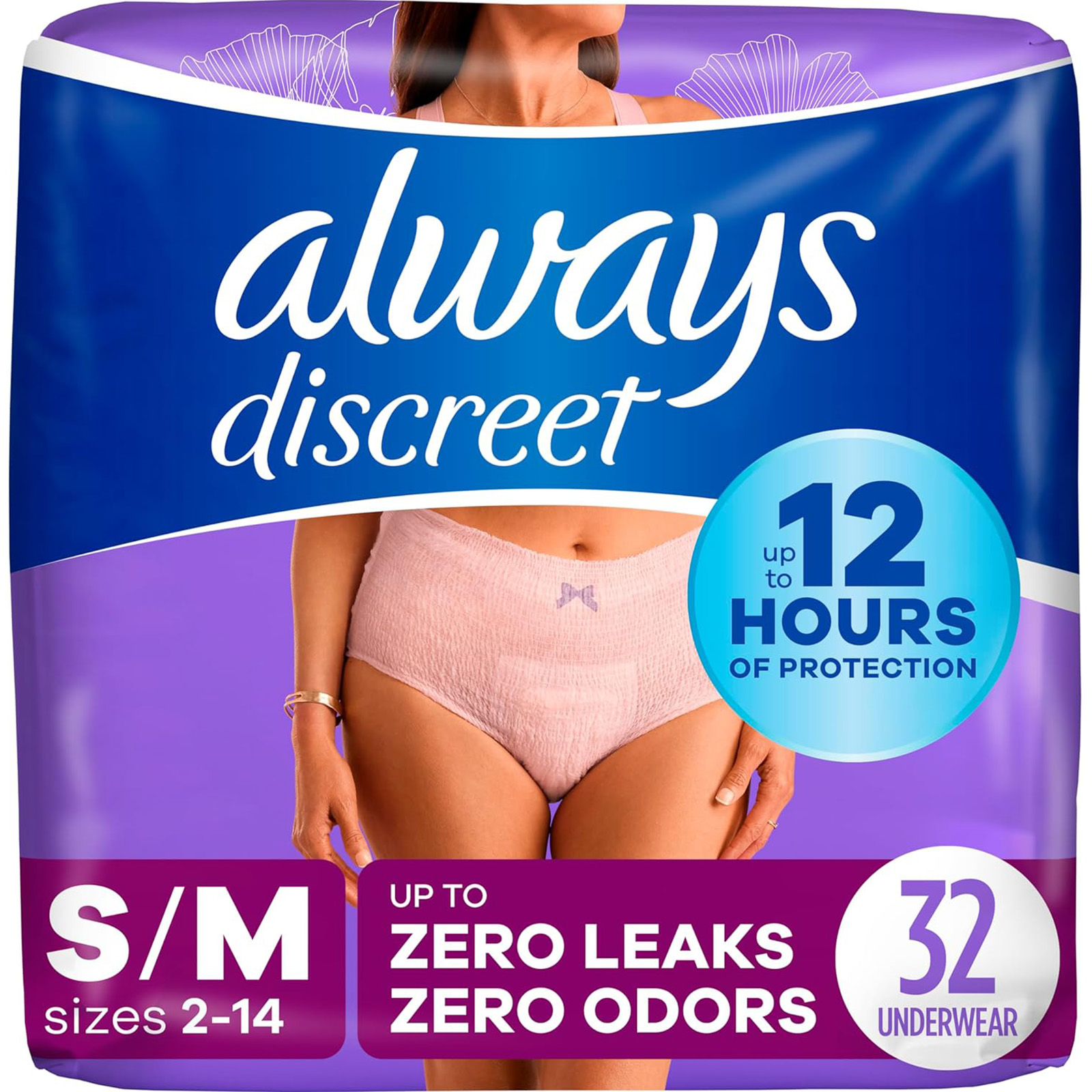 Always Discreet Incontinence & Postpartum Incontinence Underwear for Women, Small/Medium, Maximum Protection, 32 Count